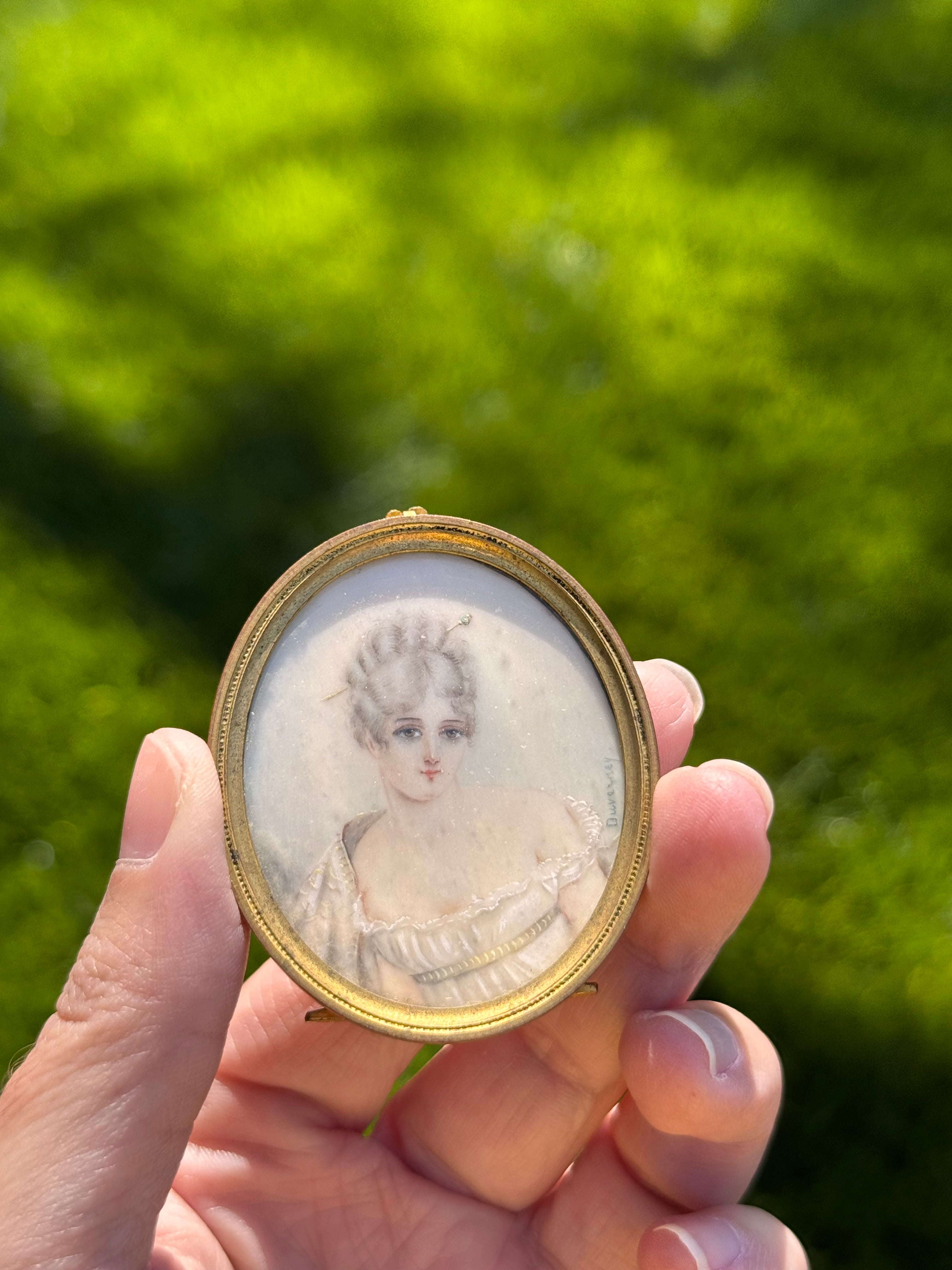 Antique French Portrait Miniature After Madame Récamier, Signed Duverney, Gilt Bronze Frame