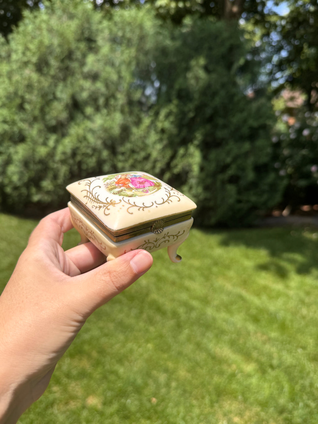 Vintage Ardco Porcelain Hinged Trinket Box | Victorian Courting Couple | Made in Japan