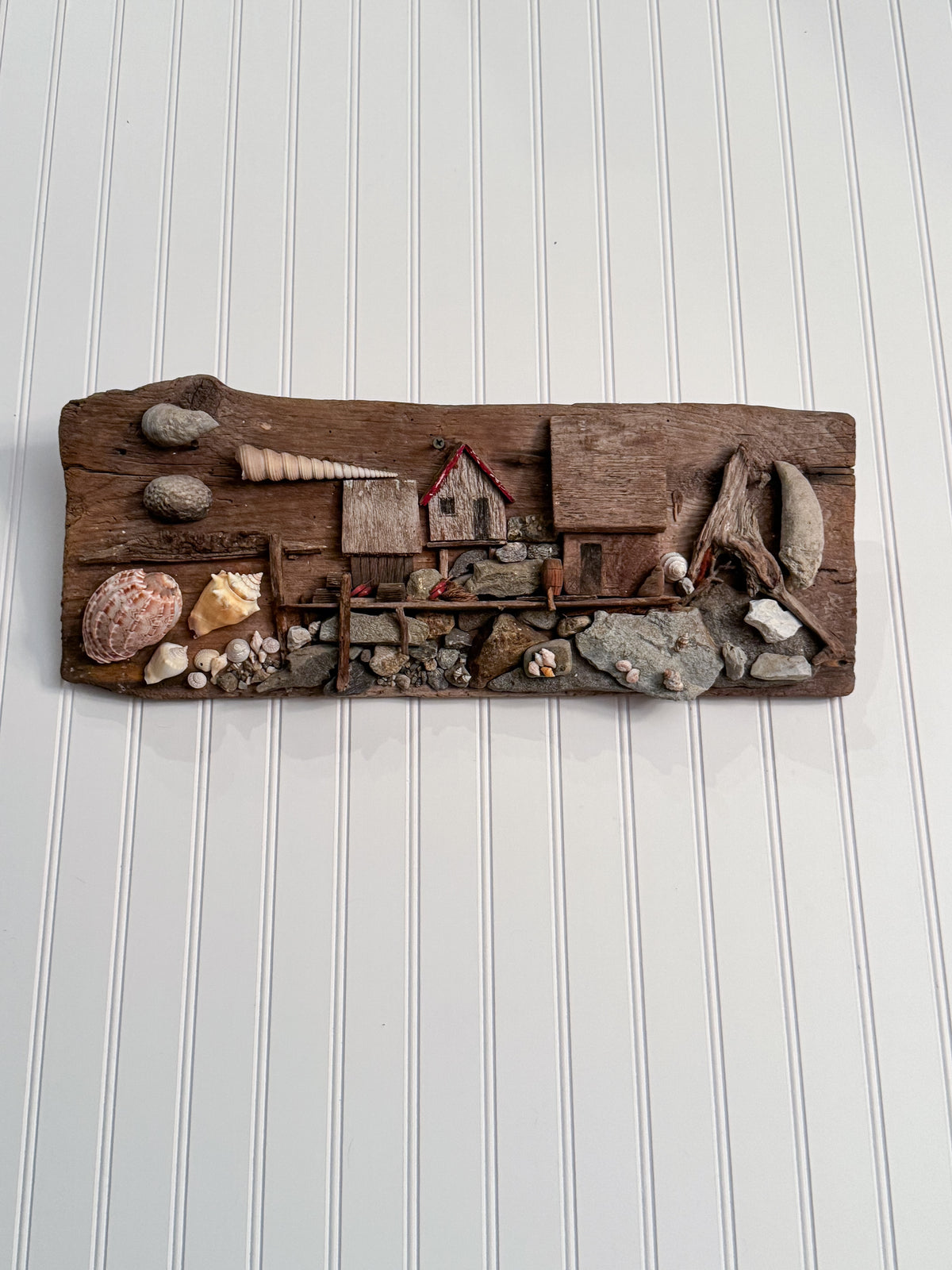 Handmade Coastal Folk Art Wall Sculpture | Driftwood & Seashell Village