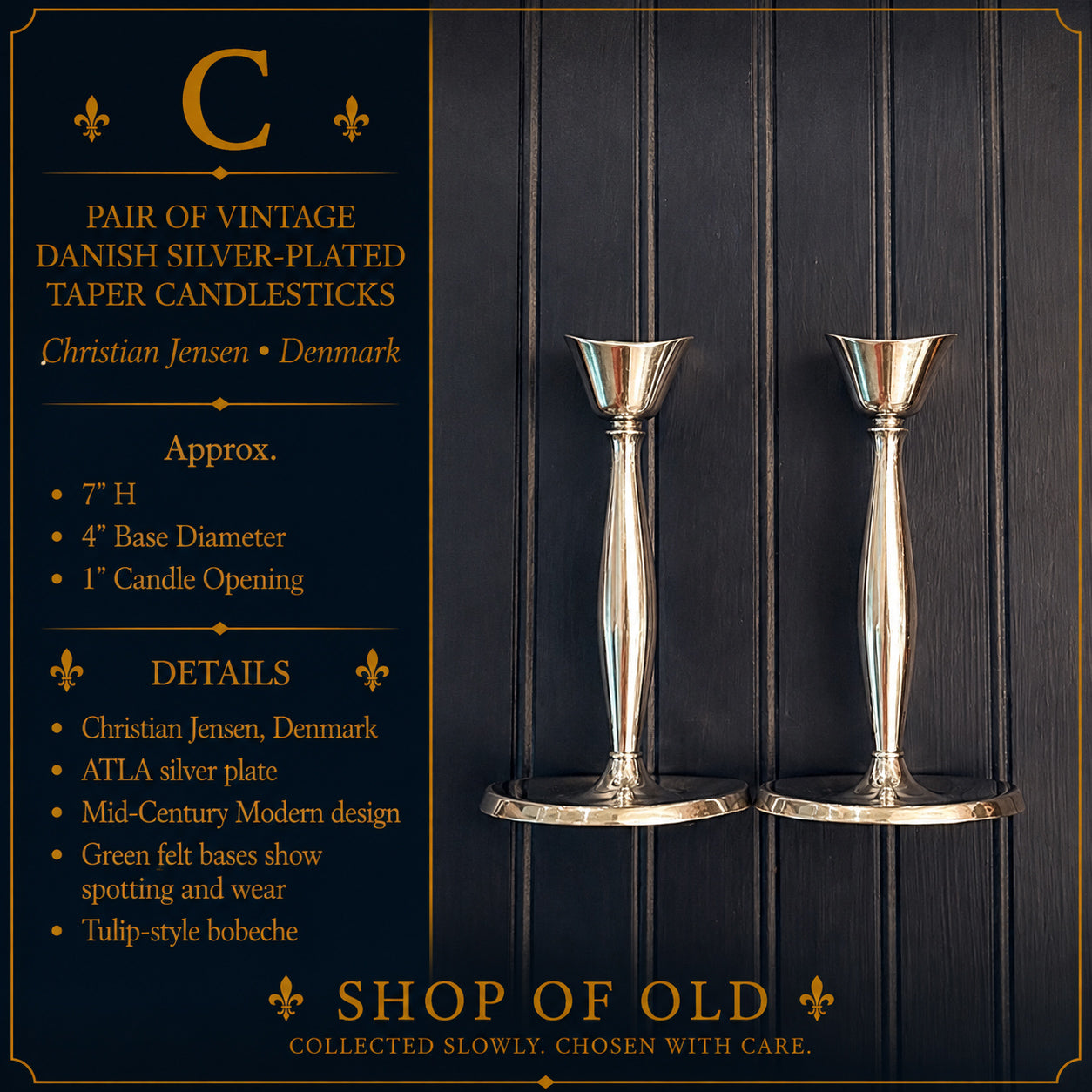 Pair of Vintage Danish Silver-Plated Taper Candlesticks | Christian Jensen Denmark | Mid-Century Modern