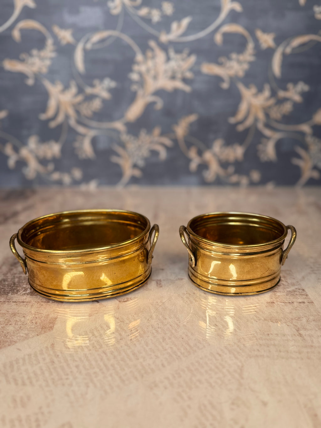 Vintage Brass Jardiniere Planter Pair Nesting Brass Cachepots