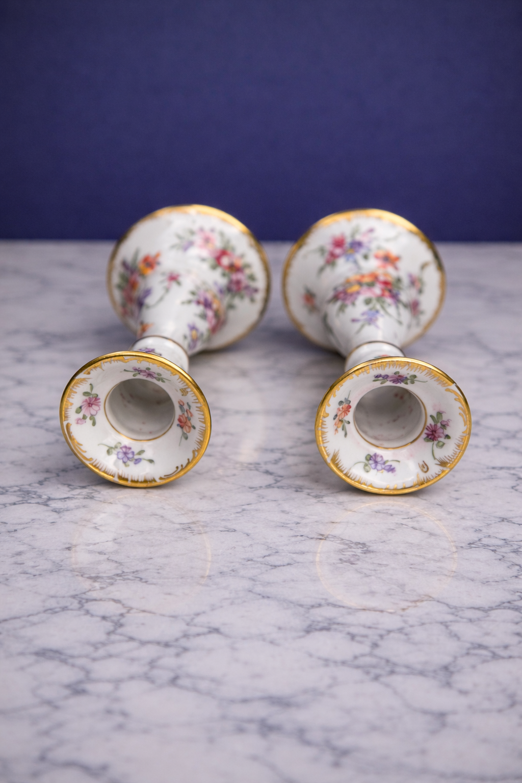 Antique Dresden Porcelain Candlesticks, Crown D Mark Hand-Painted Floral Pair