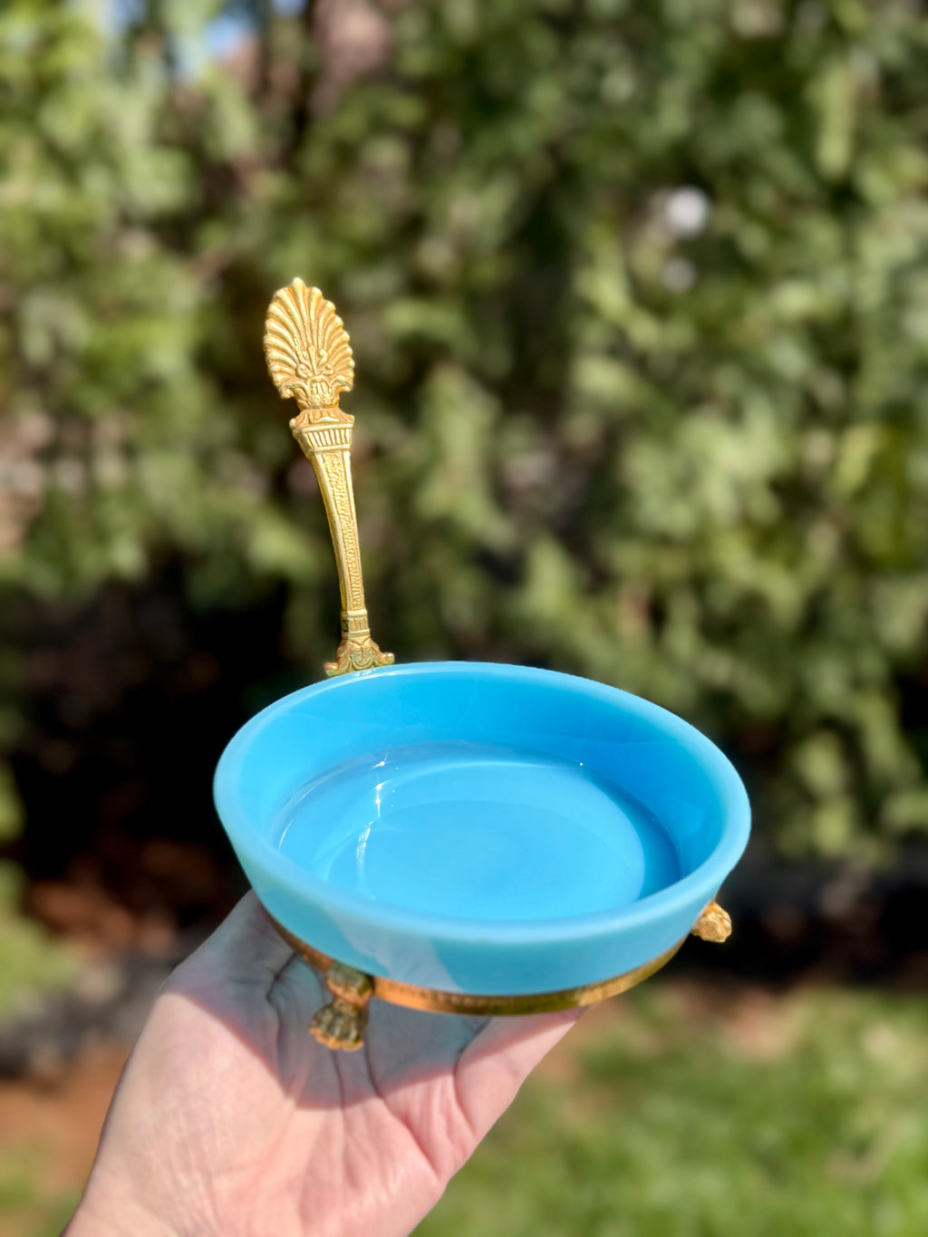 French Blue Opaline Glass Dish with Gilt Stand & Handle, Estate Sourced