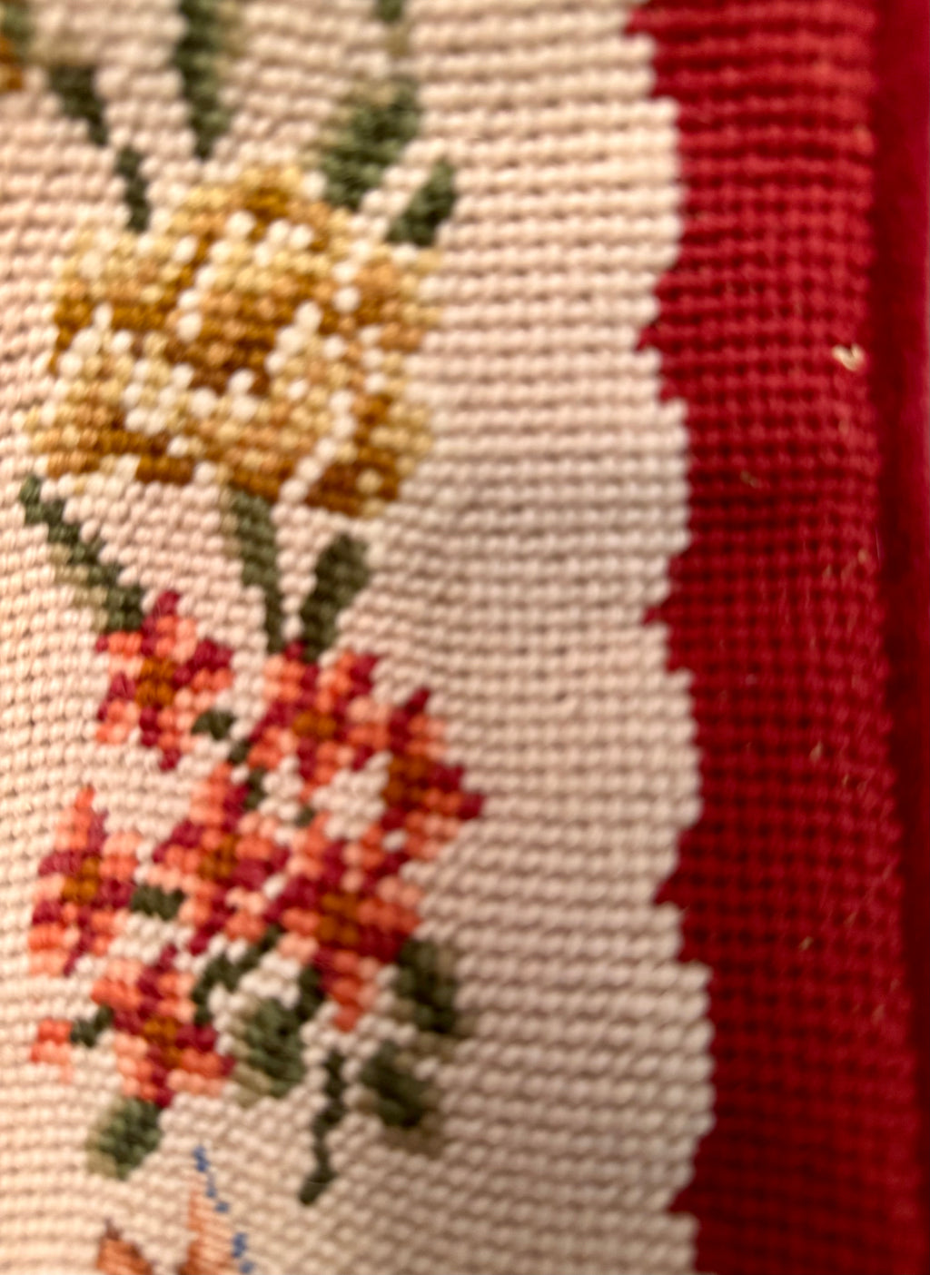 Signed Vintage Needlepoint Bell Pull | Handworked Floral Textile, 65” with Brass Mount
