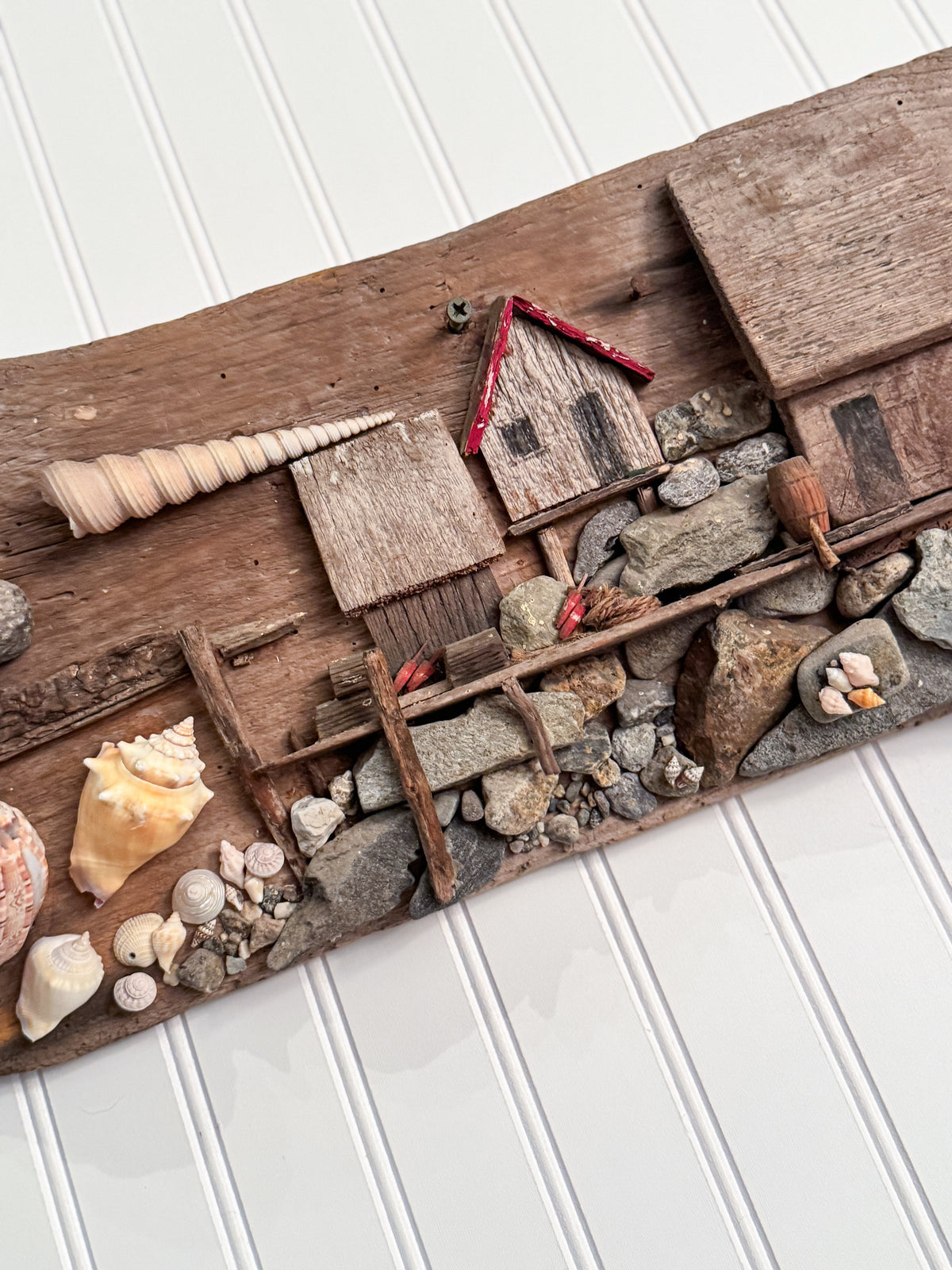 Handmade Coastal Folk Art Wall Sculpture | Driftwood & Seashell Village