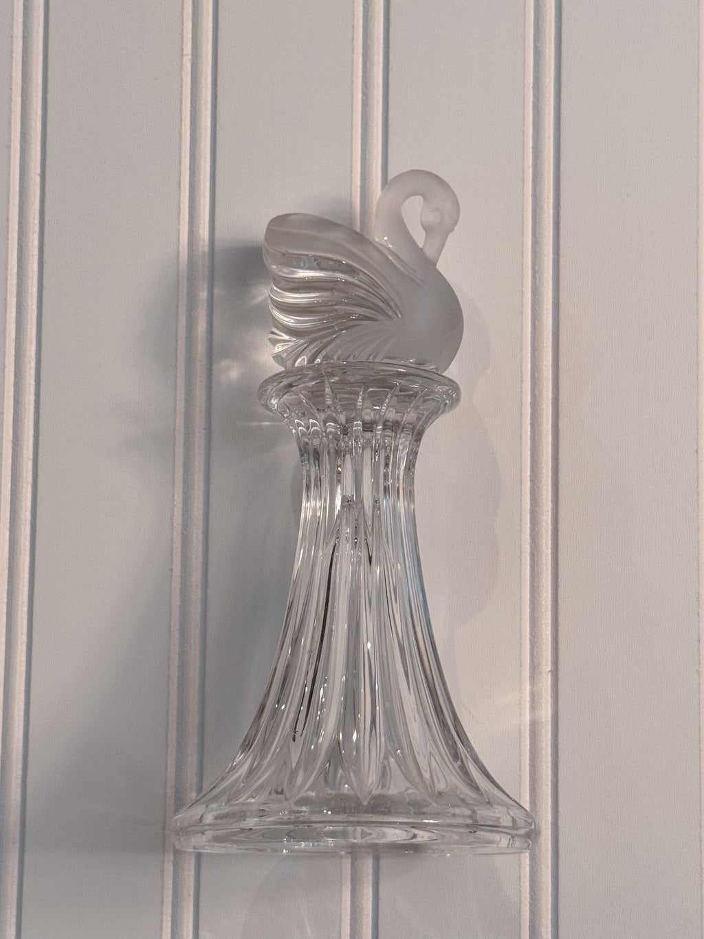 Vintage Frosted Glass Swan Sculpture | Heavy Clear Glass Pedestal Accent | 8”