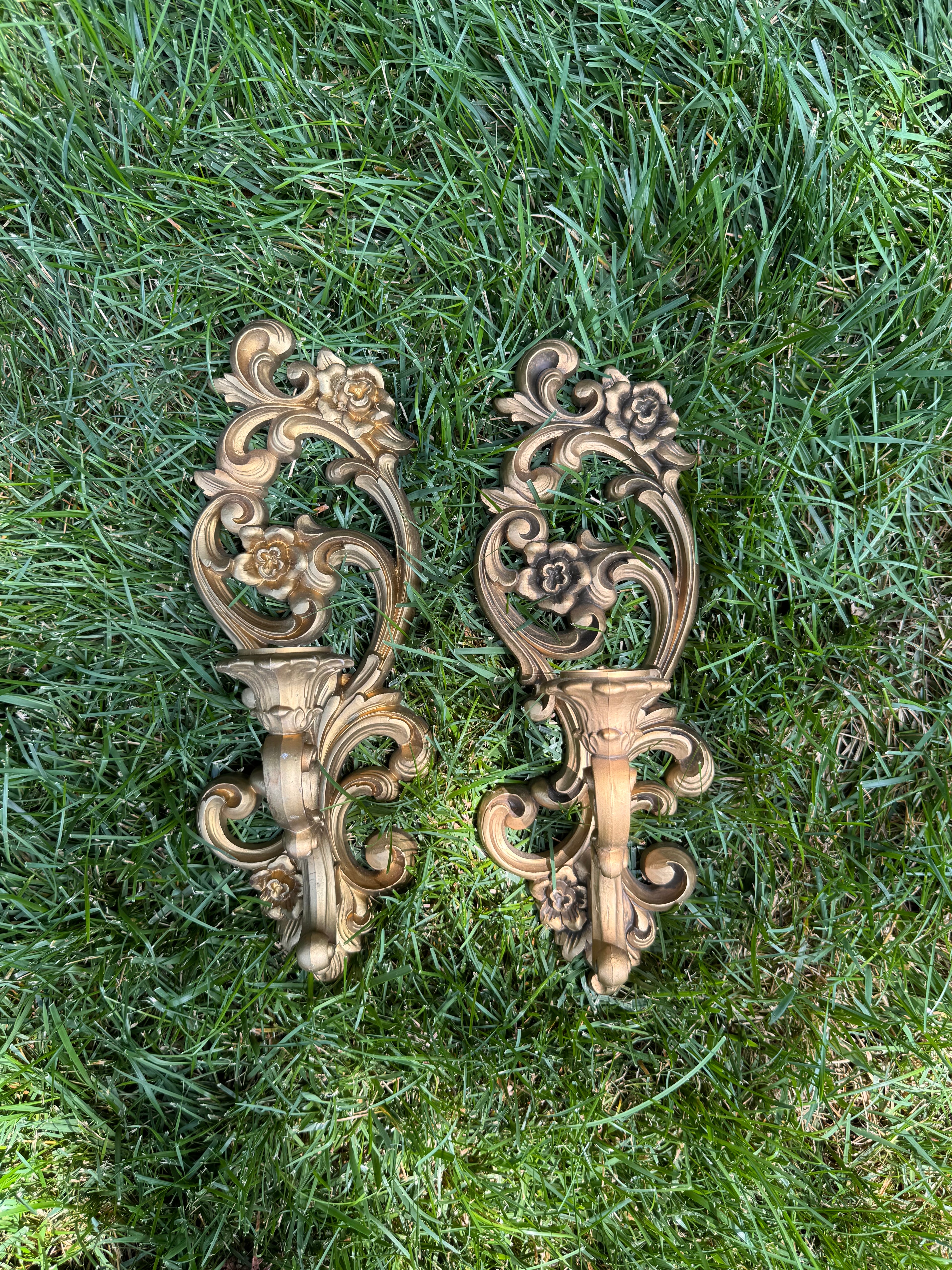 Vintage Pair of 1960s Syroco Gold Gilt Wall Sconces | Mid-Century Candle Sconces