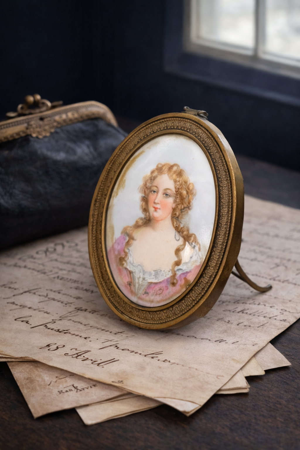 Antique French Porcelain Portrait Miniature, Signed Bizet, Brass Frame