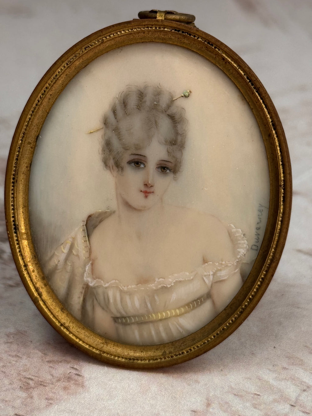 Antique French Portrait Miniature After Madame Récamier, Signed Duverney, Gilt Bronze Frame