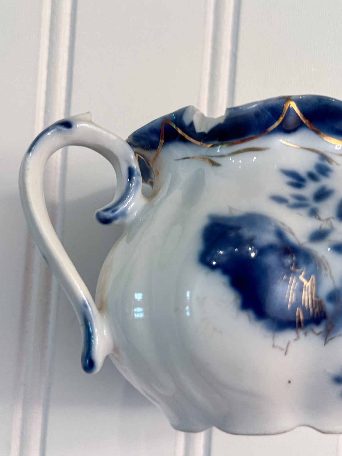Antique English Flow Blue Miniature Creamer | Cobalt Floral Transferware Pitcher
