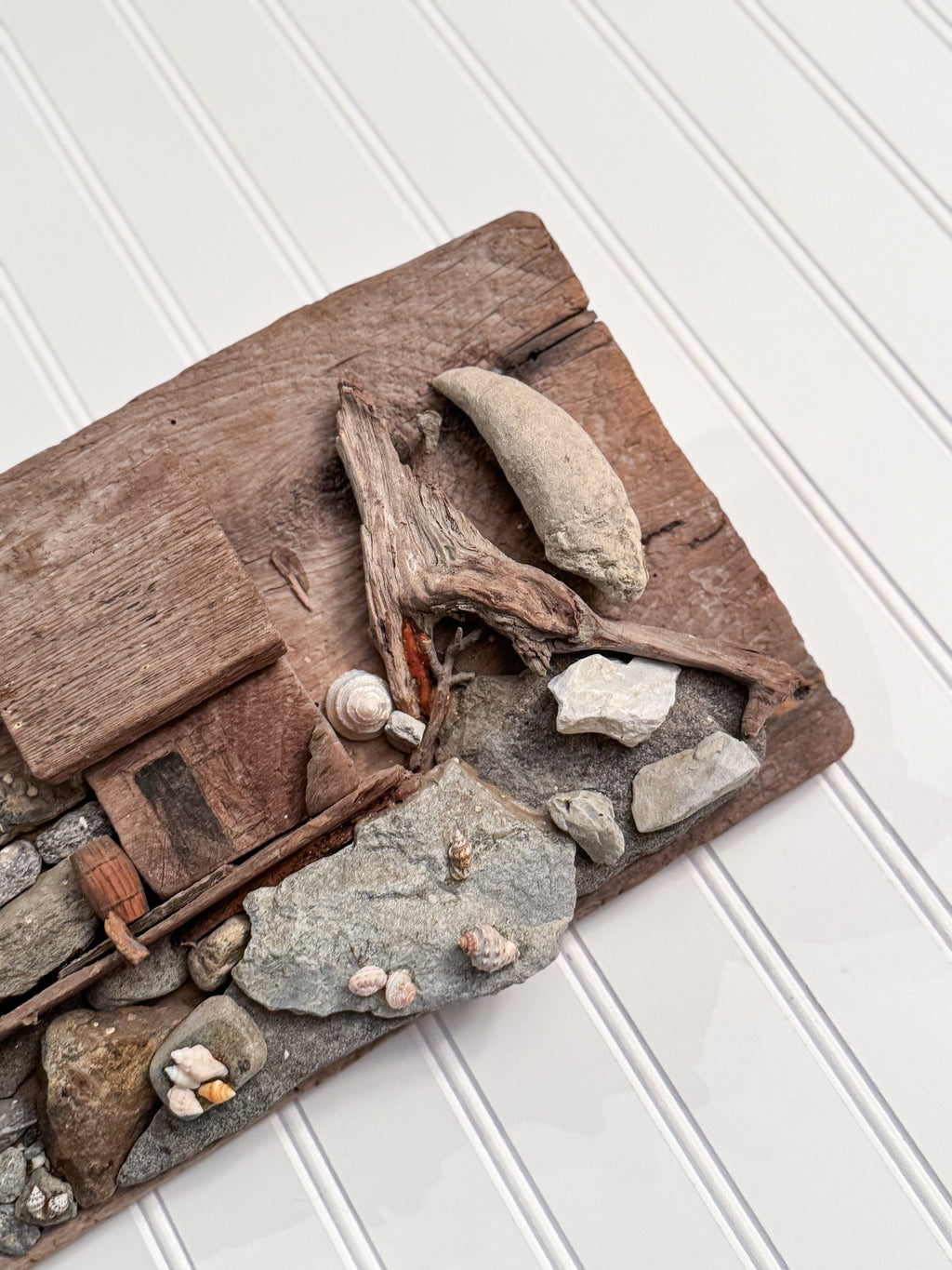 Handmade Coastal Folk Art Wall Sculpture | Driftwood & Seashell Village
