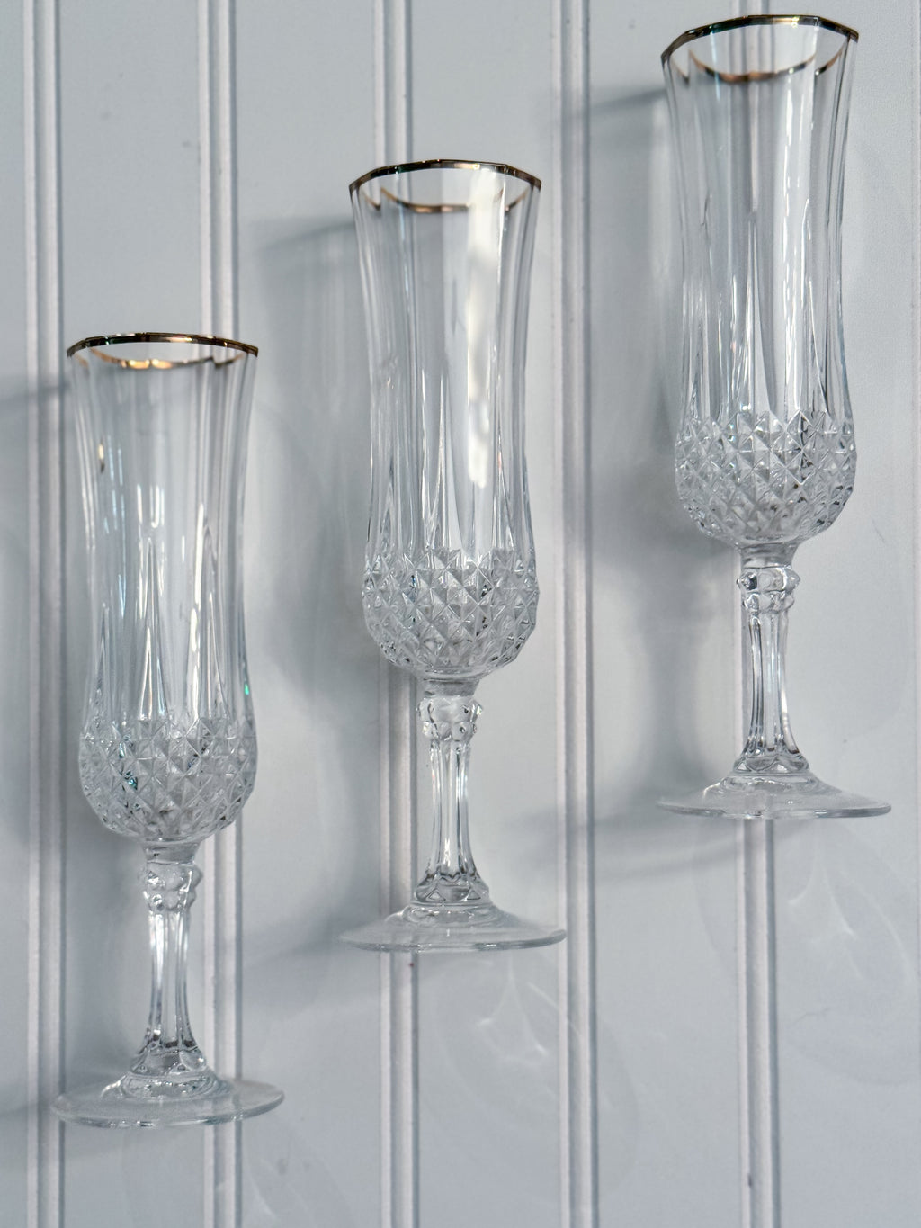 Vintage Gold-Rimmed Crystal Champagne Flutes, Set of 4 | Cut Crystal Stemware