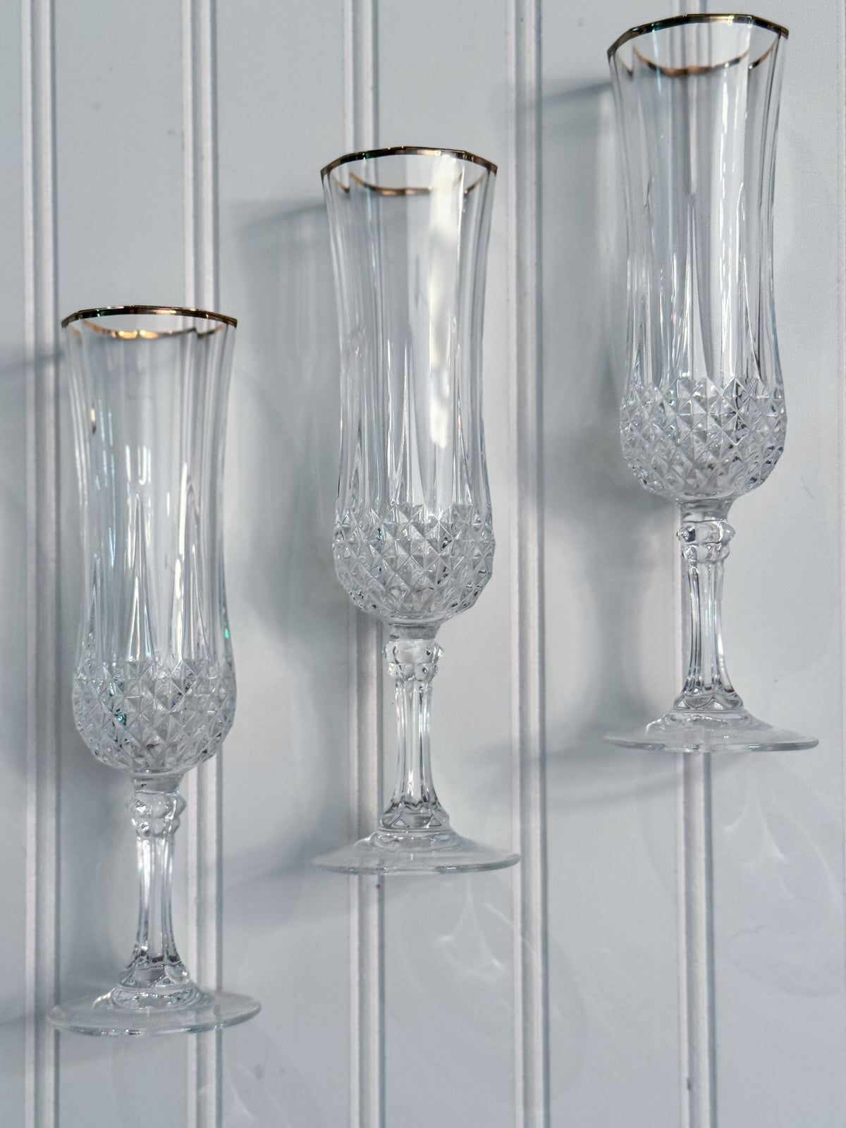 Vintage Gold-Rimmed Crystal Champagne Flutes, Set of 4 | Cut Crystal Stemware