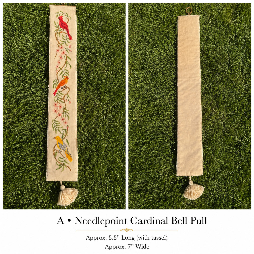 Vintage Needlepoint Cardinal Bell Pull with Brass Hanger & Tassel