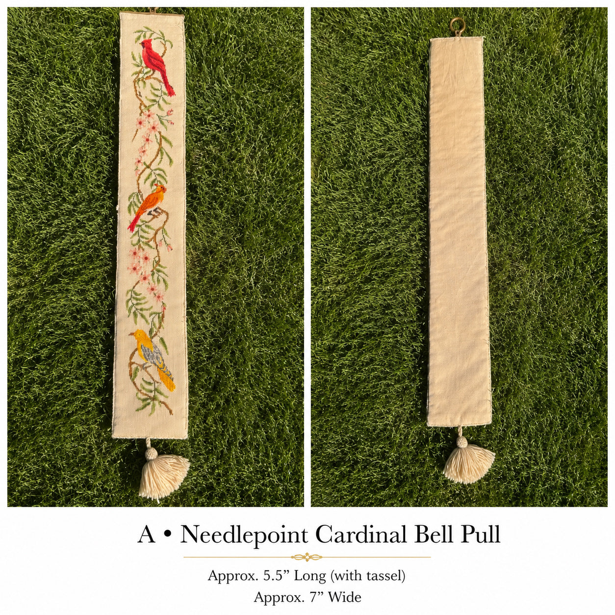 Vintage Needlepoint Cardinal Bell Pull with Brass Hanger & Tassel