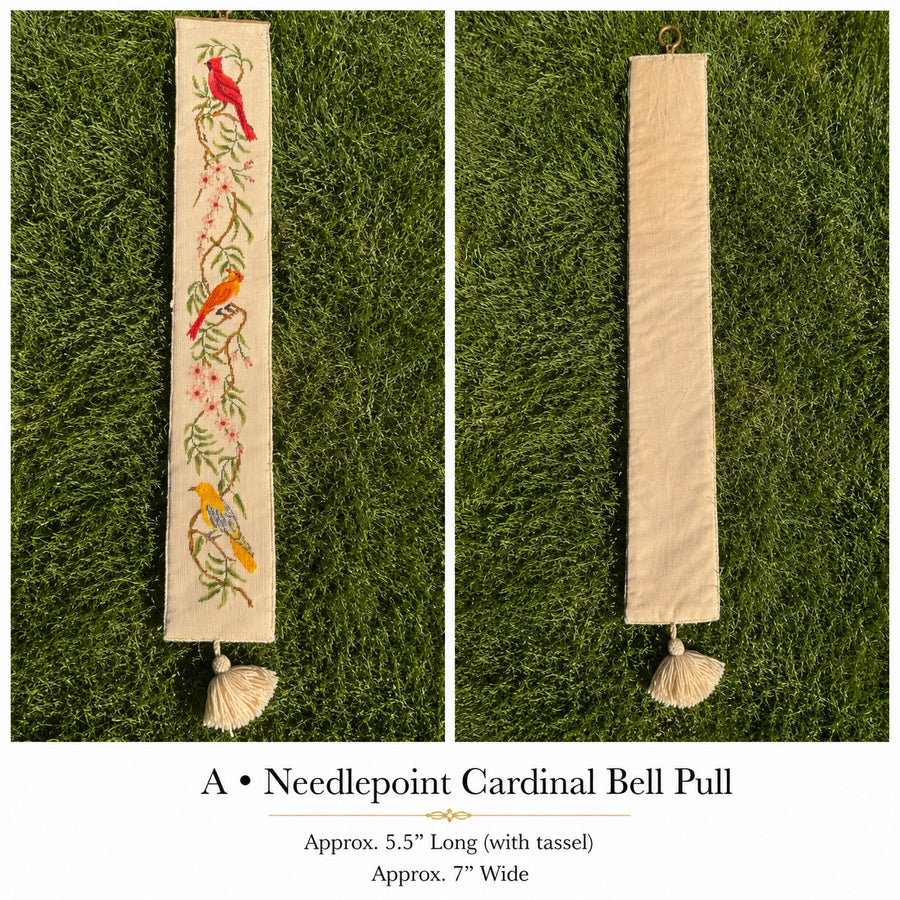 Vintage Needlepoint Cardinal Bell Pull with Brass Hanger & Tassel