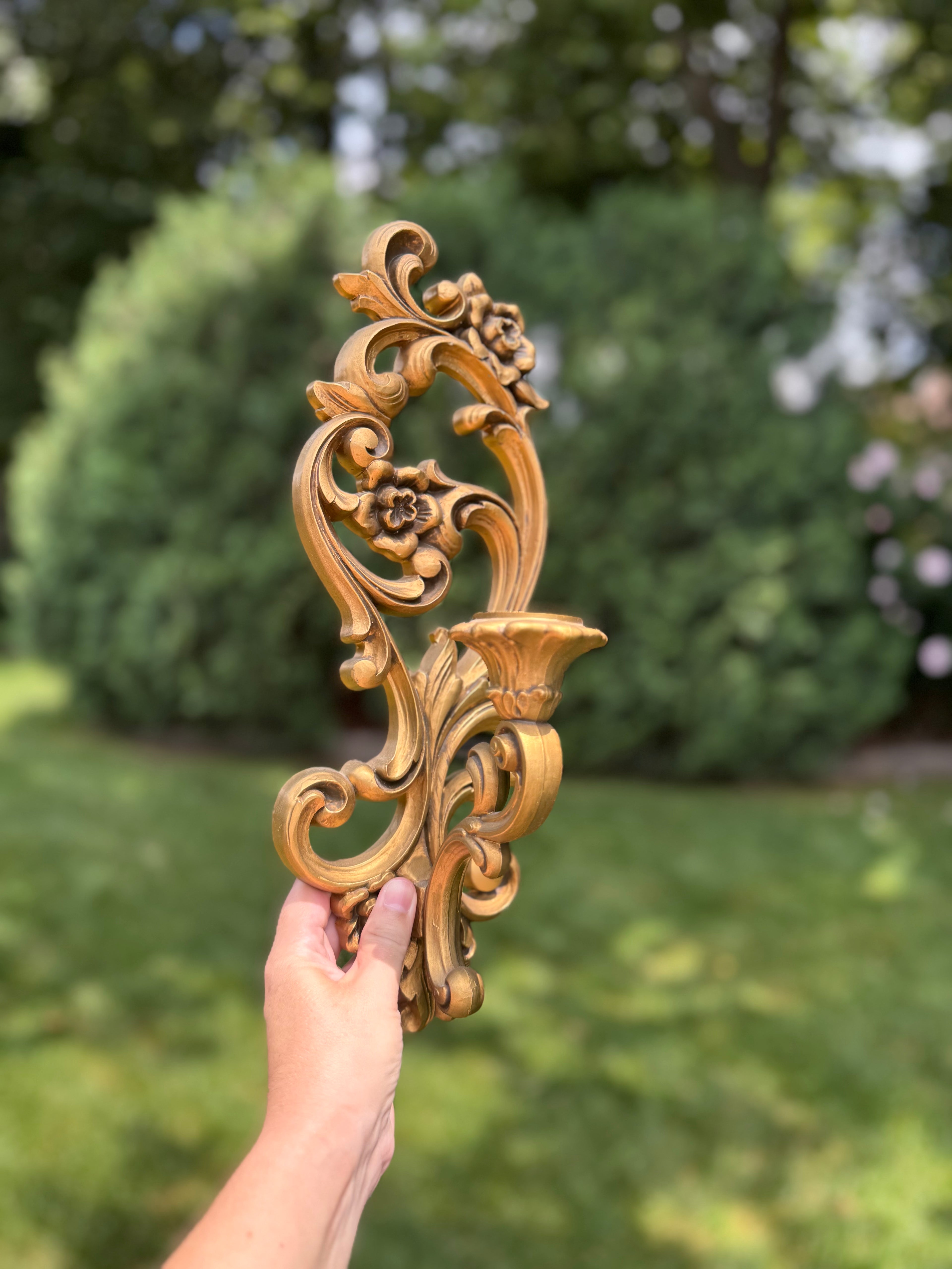 Vintage Pair of 1960s Syroco Gold Gilt Wall Sconces | Mid-Century Candle Sconces
