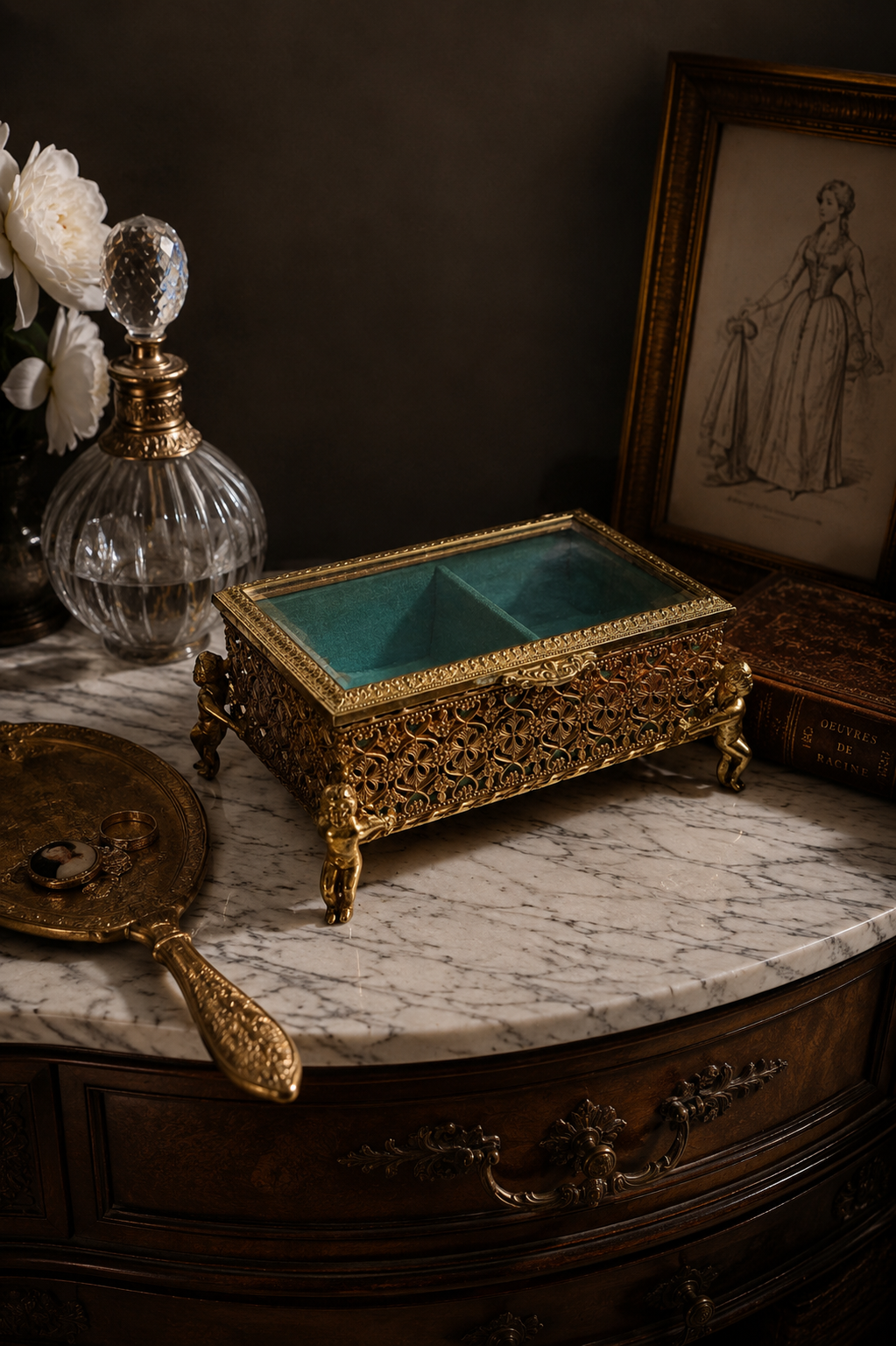 Vintage HiMark Japan Ormolu Cherub Music Box Jewelry Casket with Beveled Glass
