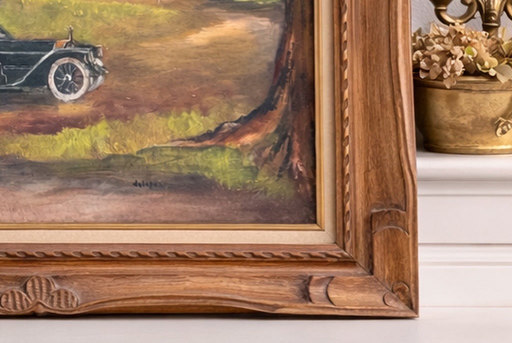 Vintage Signed Landscape Oil Painting with Automobile, Carved Wood Frame
