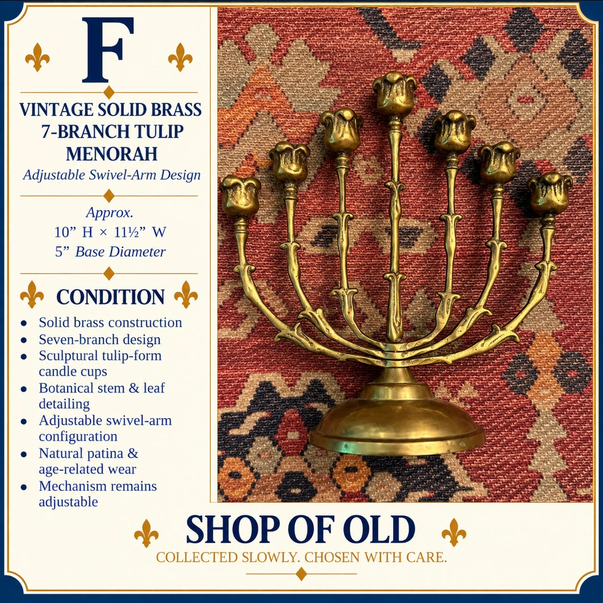 Vintage Solid Brass 7-Branch Tulip Menorah | Adjustable Swivel-Arm Design