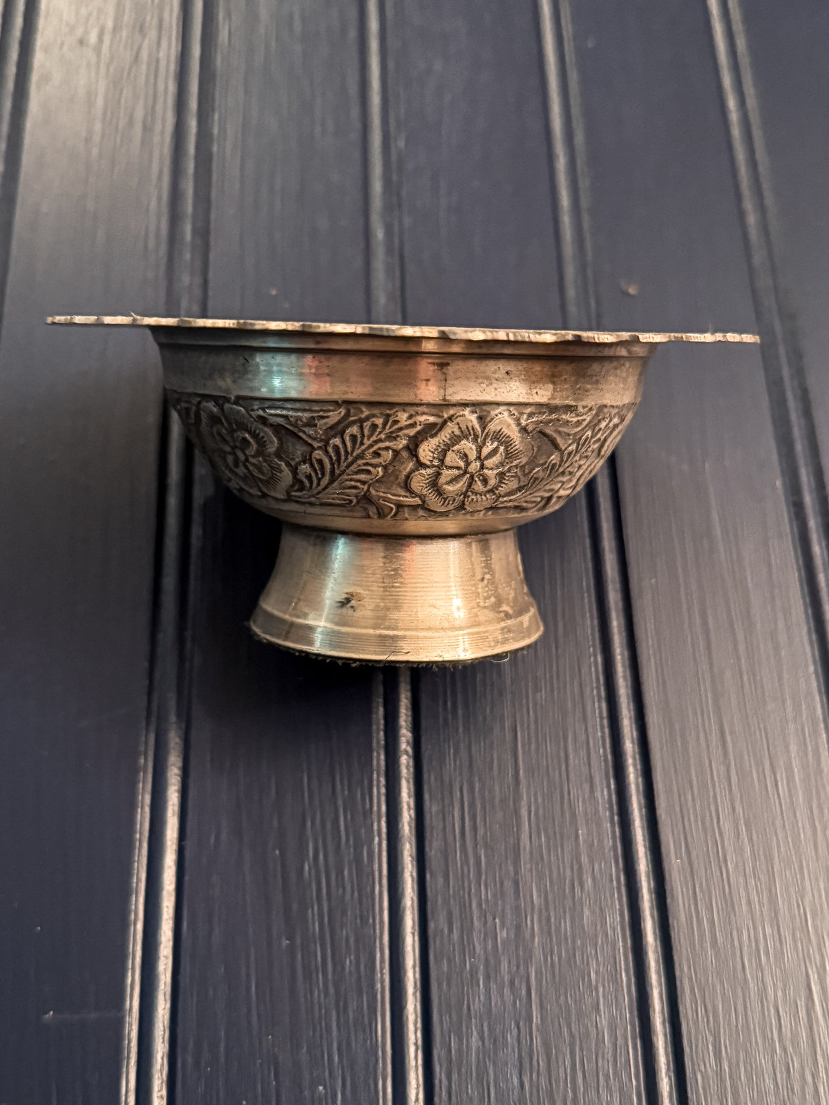 Vintage Silver-Tone Footed Tazza Bowl | Etched Floral Pedestal Dish | Thai/Burmese Style
