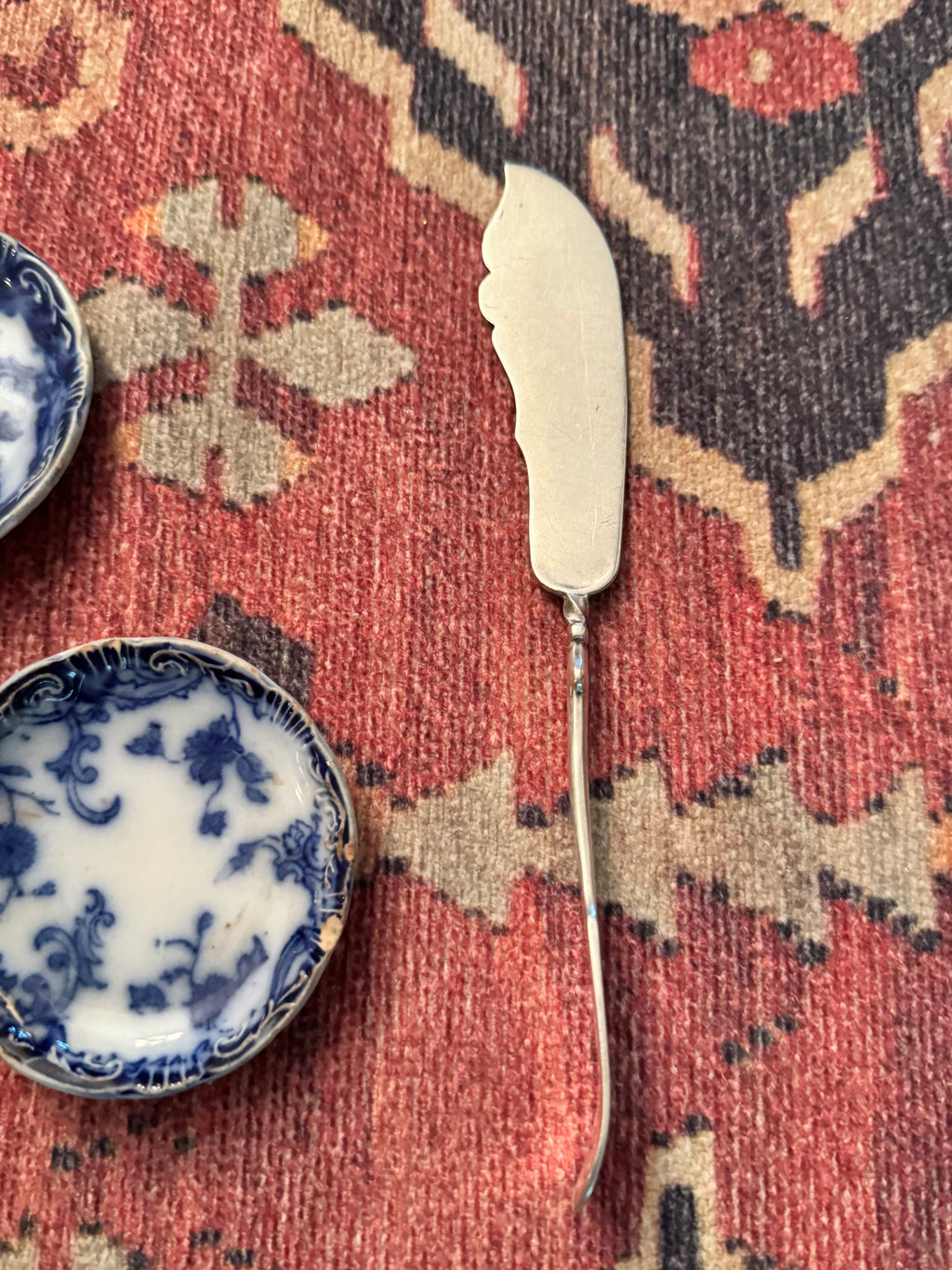 Antique Flow Blue Butter Pats with Silverplate Master Butter Knife | Set of Five