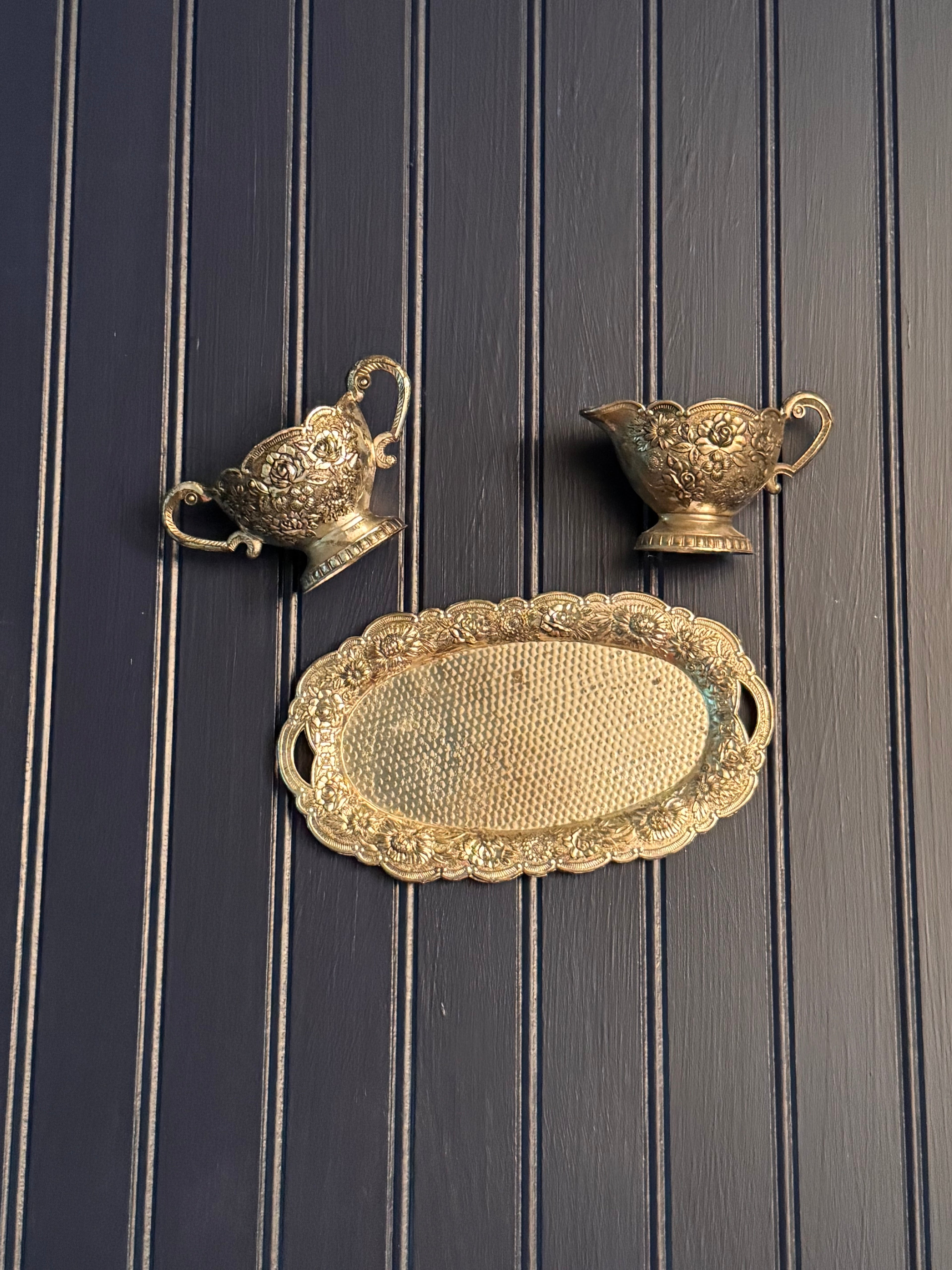 Vintage Silverplate Creamer & Serving Set with Porcelain-Lined Interiors & Tray
