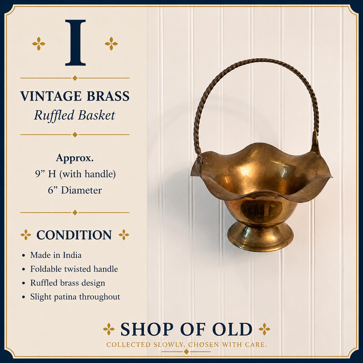 Vintage Brass Ruffled Basket | Foldable Twisted Handle | Made in India