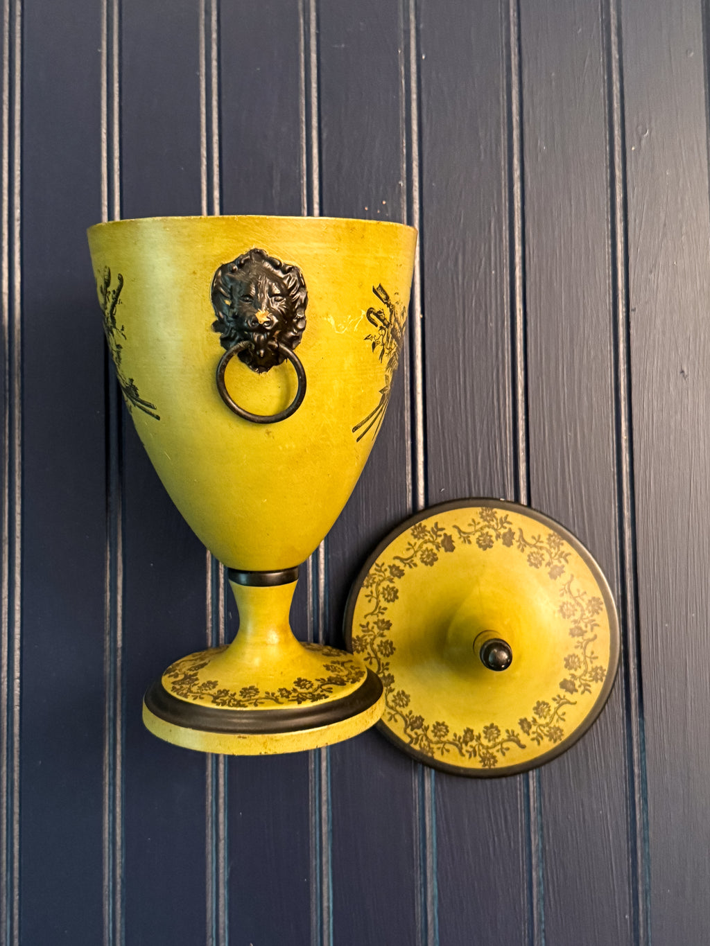 Pair of Vintage Italian Toleware Lidded Urns | Neoclassical Lion Handle Pedestal Urns