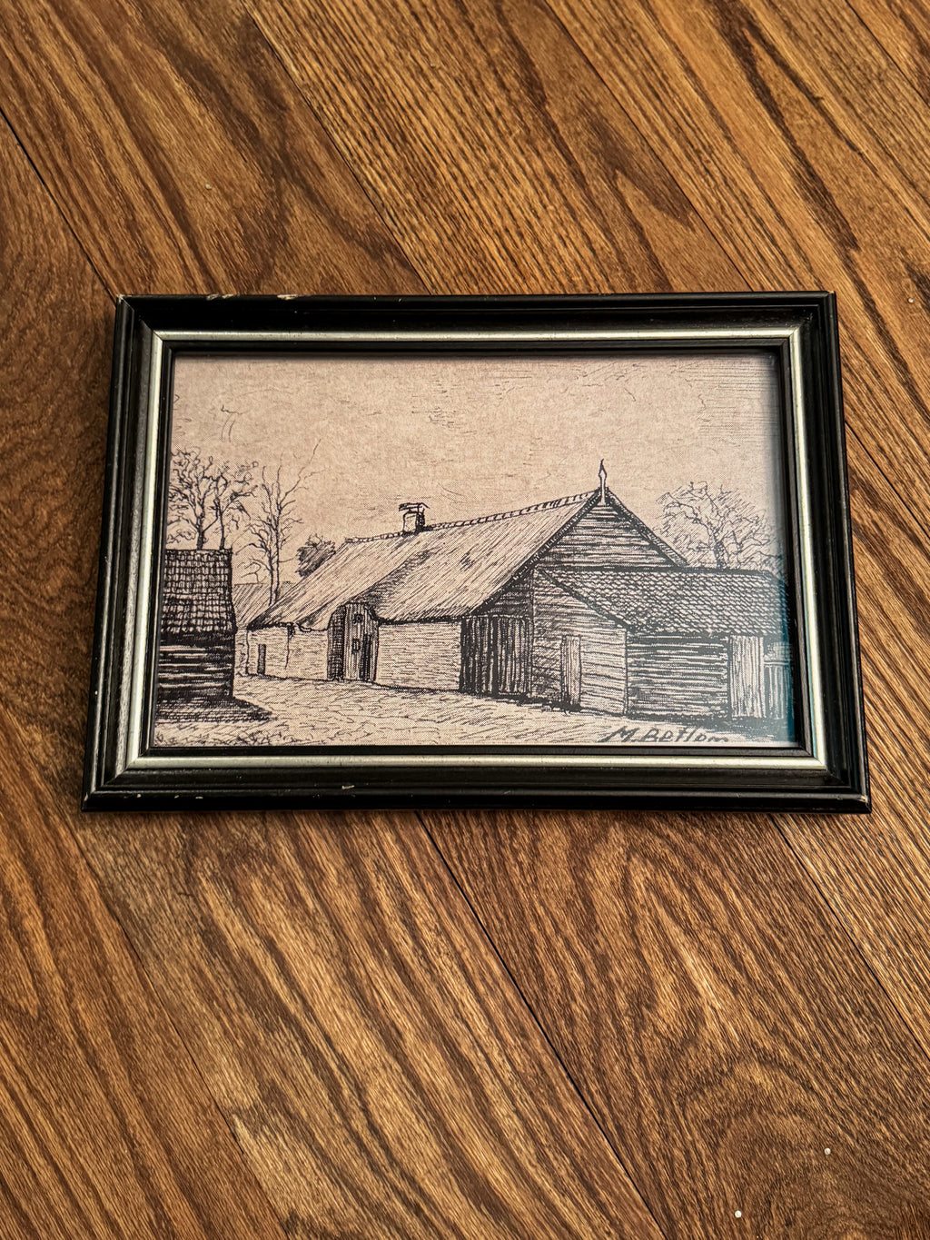 Framed Black & White Farmstead Print | Signed M. Betlom | Rustic Countryside Art