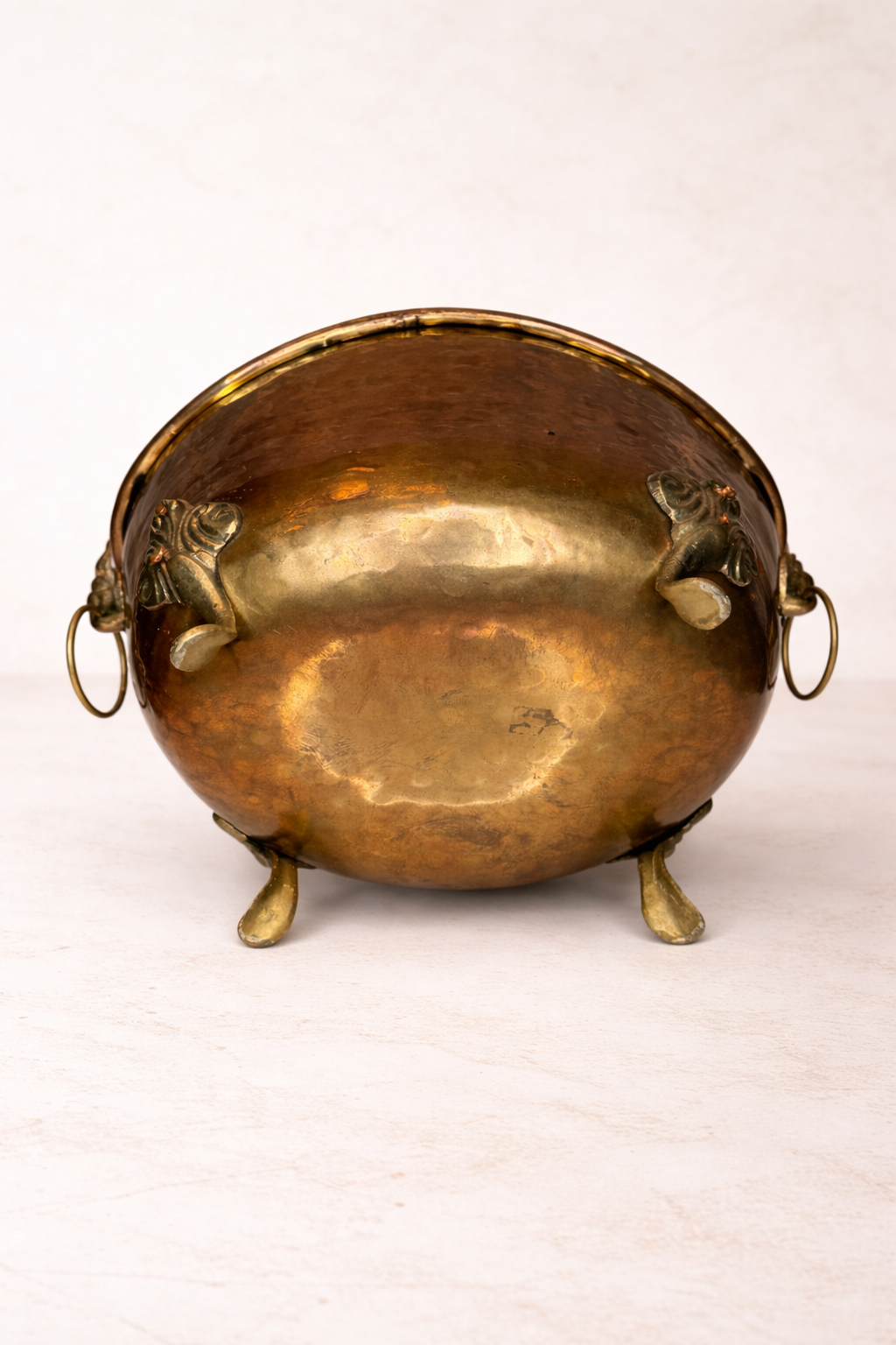 Vintage Hammered Brass Jardinière with Lion Head Ring Handles and Claw Feet