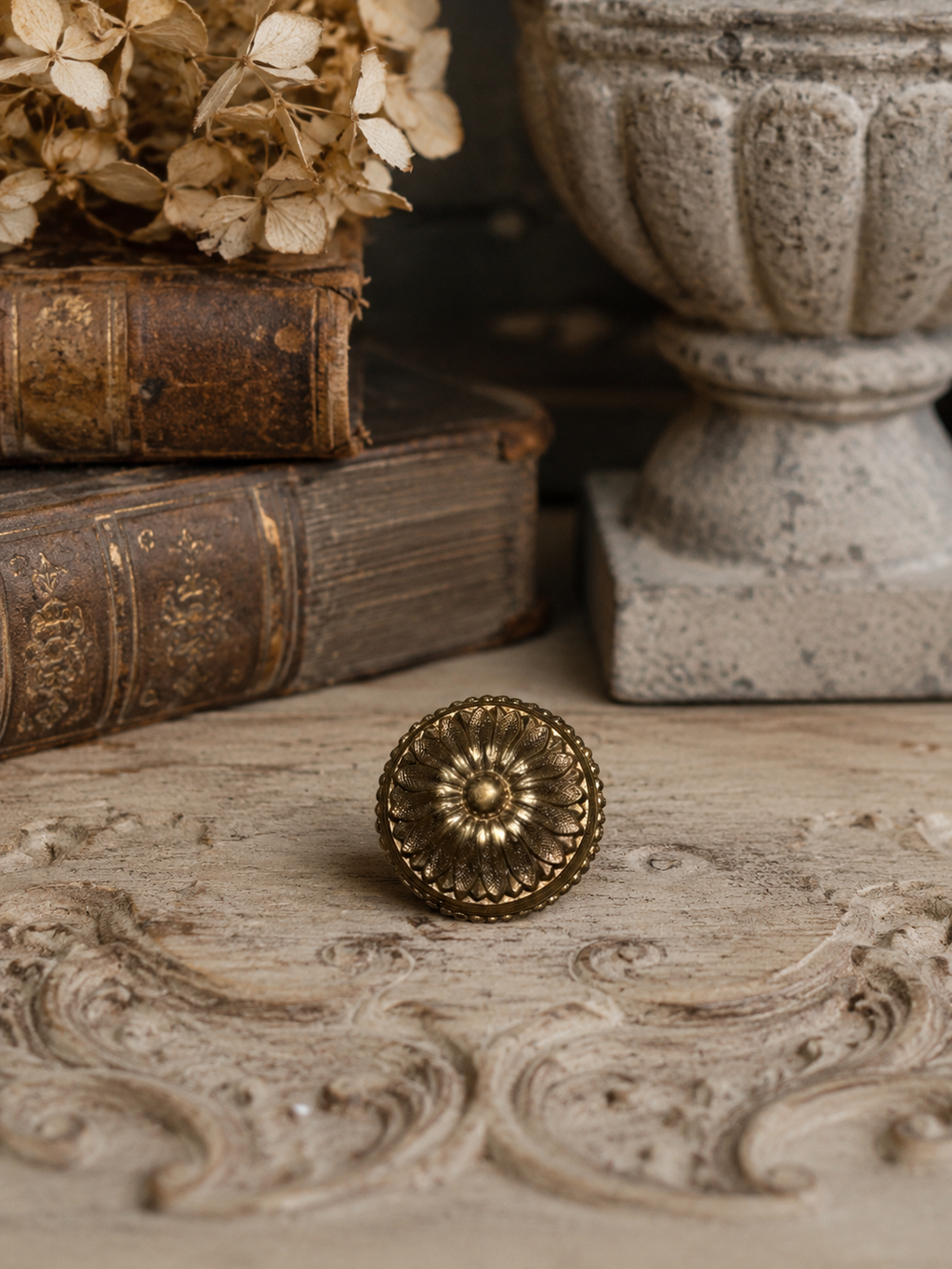 Antique Brass Rosette Finial Knob | Decorative Hardware Fragment