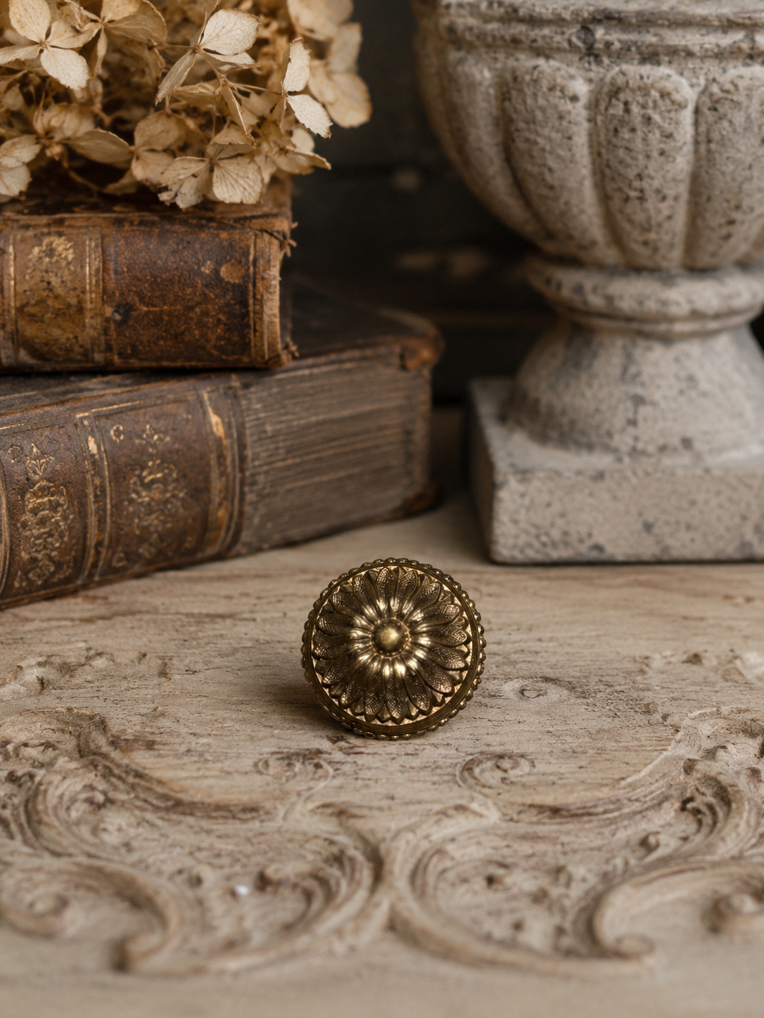 Antique Brass Rosette Finial Knob | Decorative Hardware Fragment