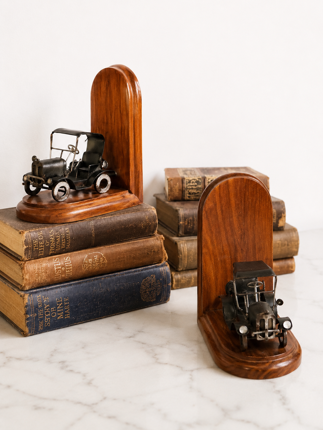 Vintage Wooden Bookends with Handcrafted Metal Automobiles