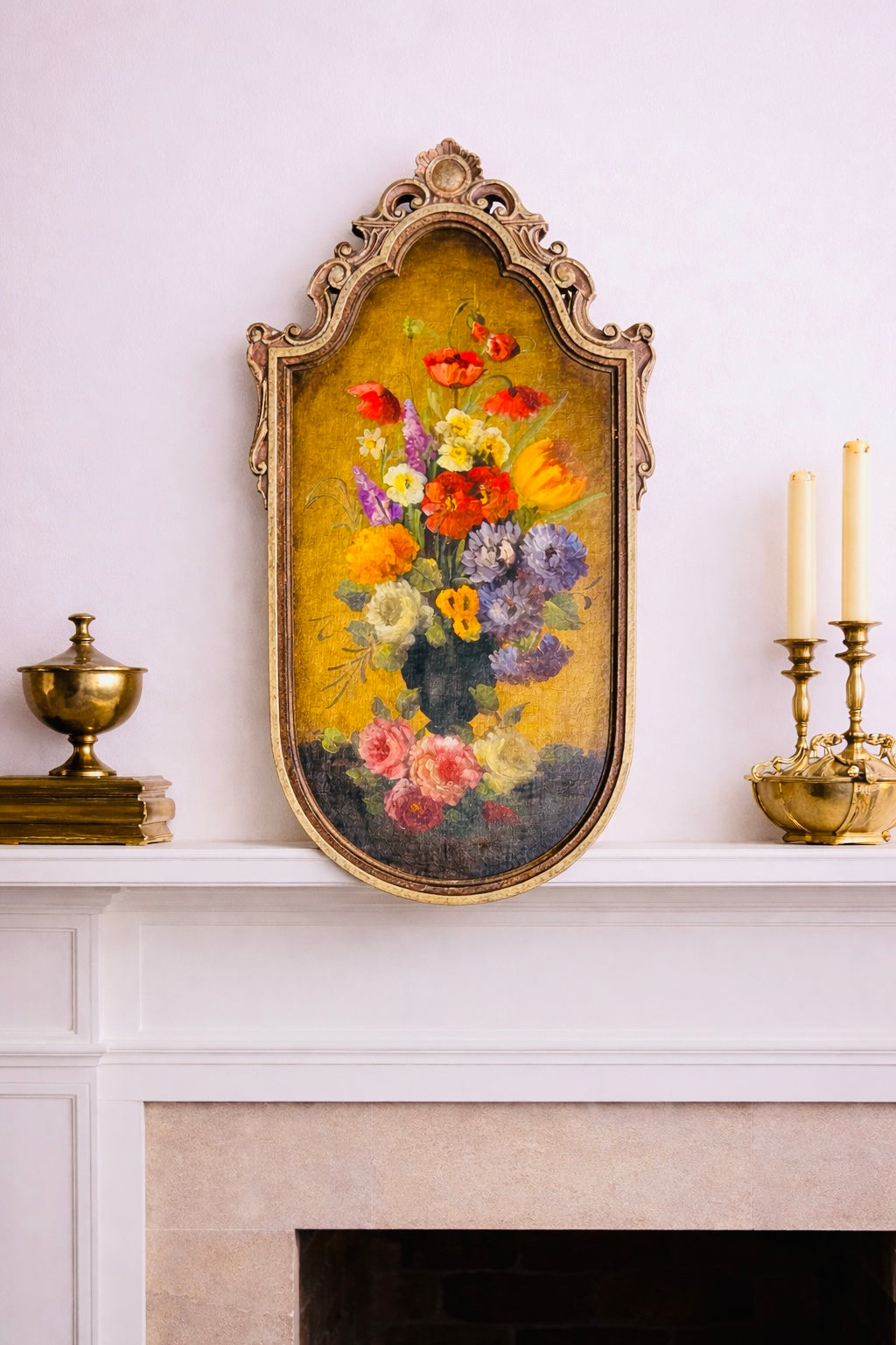 Antique Signed Floral Still Life Oil on Board, Ornate Frame – 28” x 16”