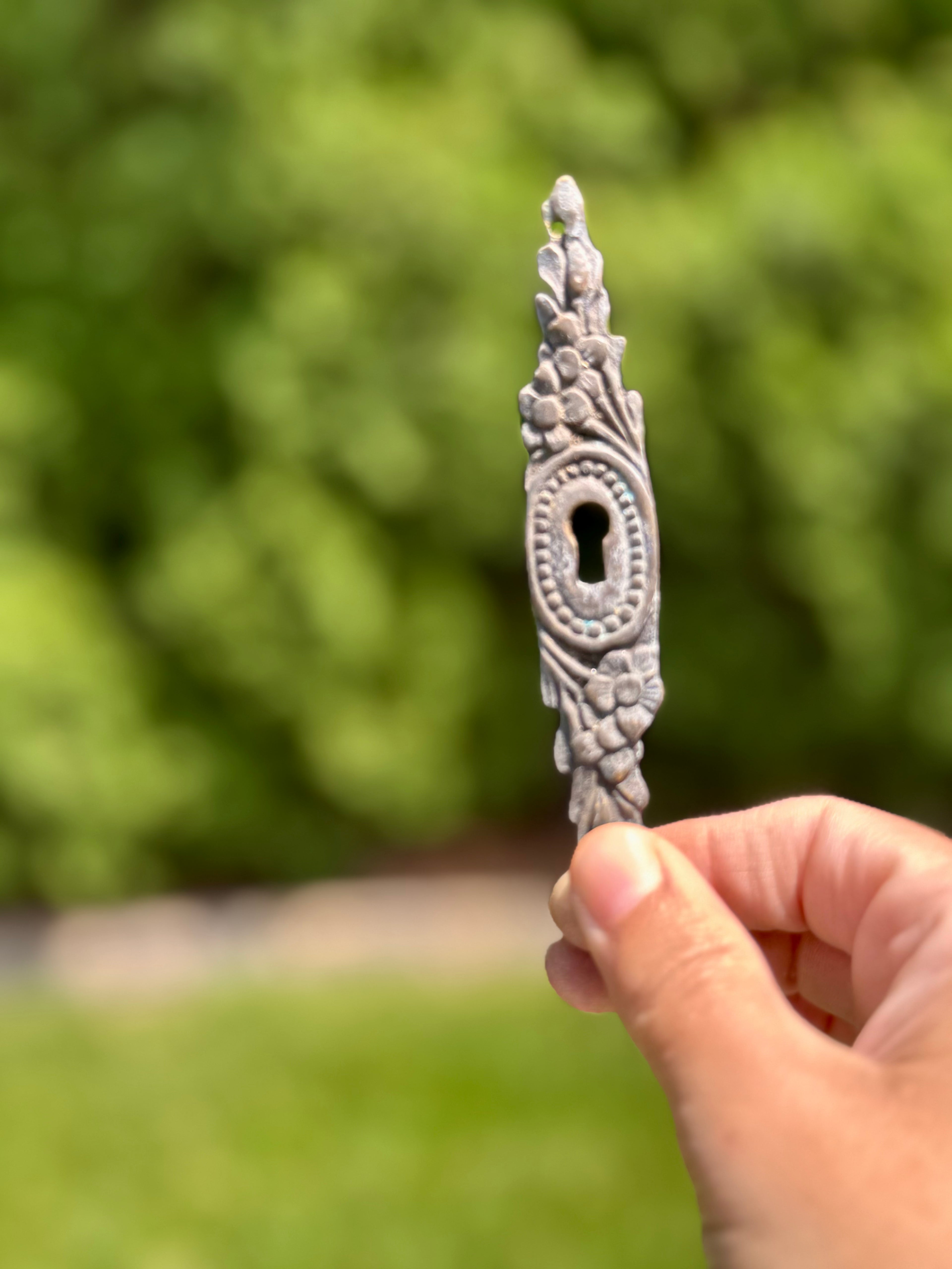 Antique French Cast Metal Escutcheon with Floral Motif | Salvaged Keyhole Fragment, 4.5”