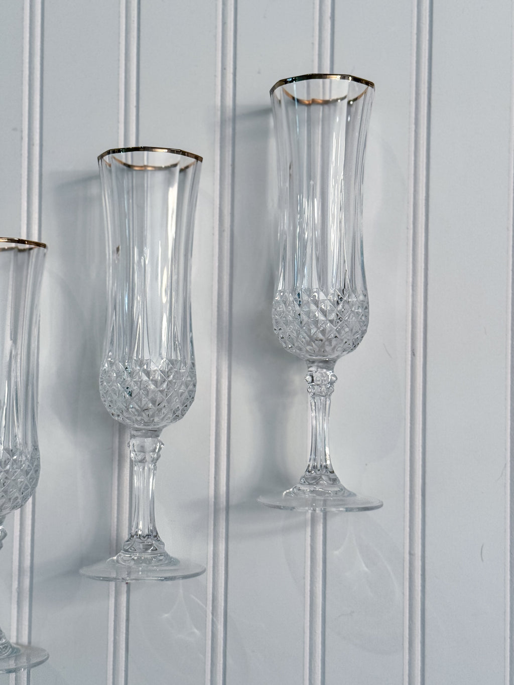Vintage Gold-Rimmed Crystal Champagne Flutes, Set of 4 | Cut Crystal Stemware