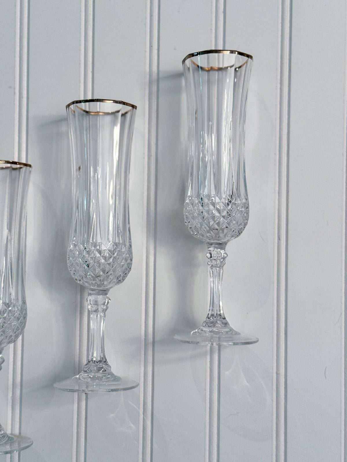 Vintage Gold-Rimmed Crystal Champagne Flutes, Set of 4 | Cut Crystal Stemware