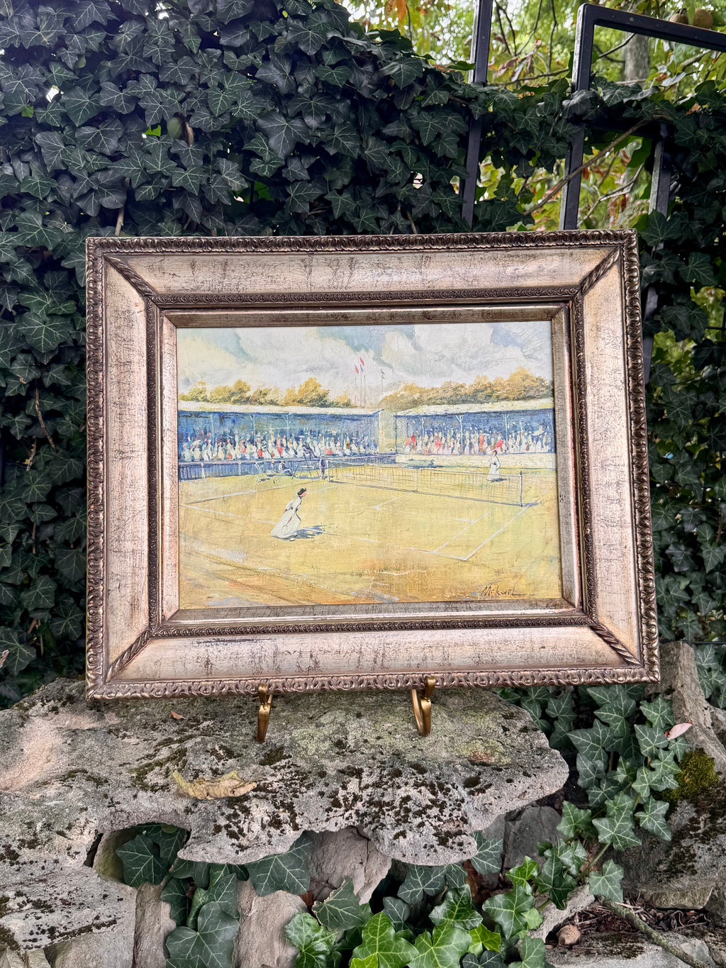 Original Signed Monique Sakellarios “Mikail” Tennis Oil on Canvas | Framed Edwardian Court Scene