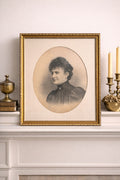 Large Framed Antique Graphite Portrait with Blue Pastel, Gilt Frame