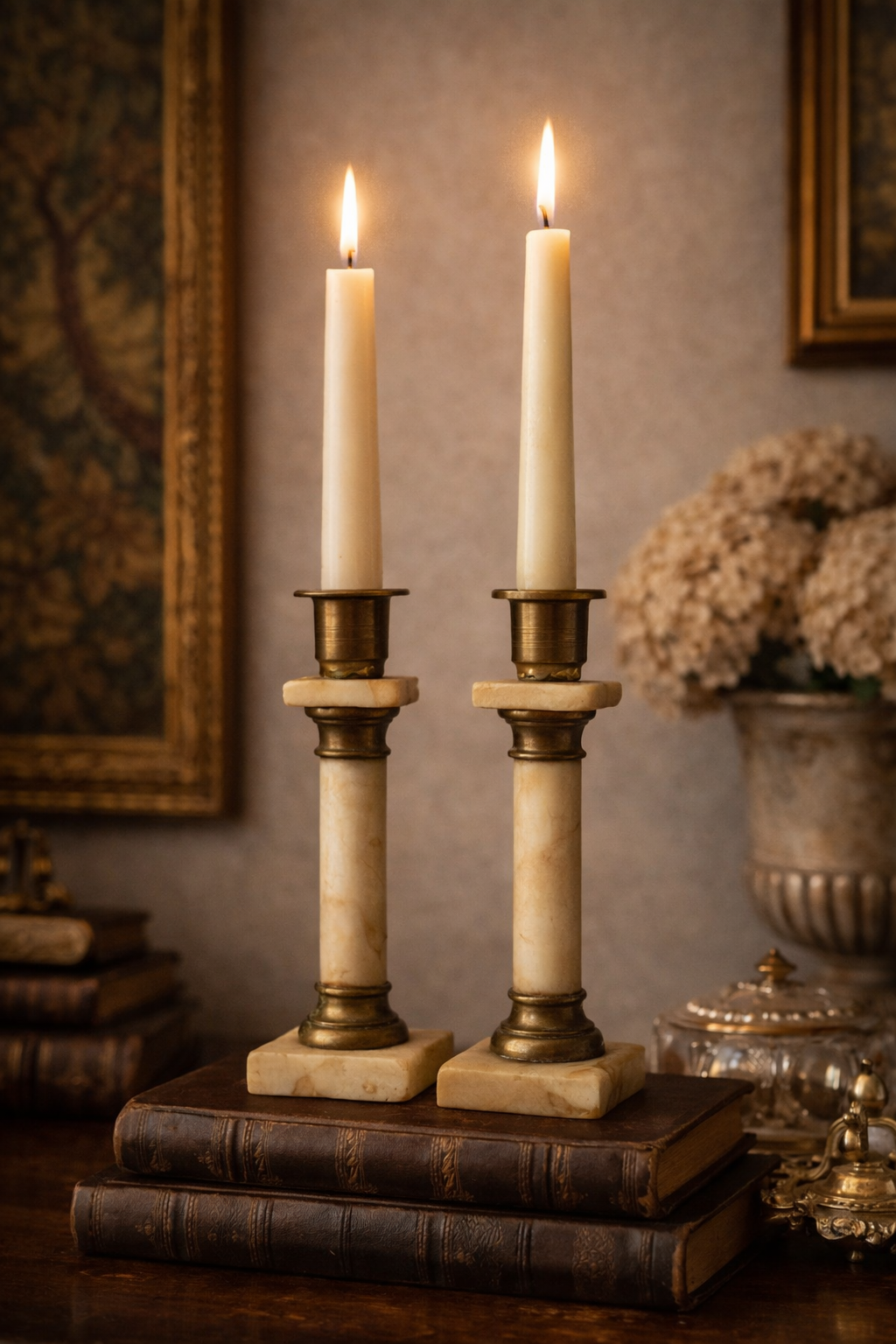 Empire Style Marble & Bronze Candlesticks — Late 19th to Early 20th Century