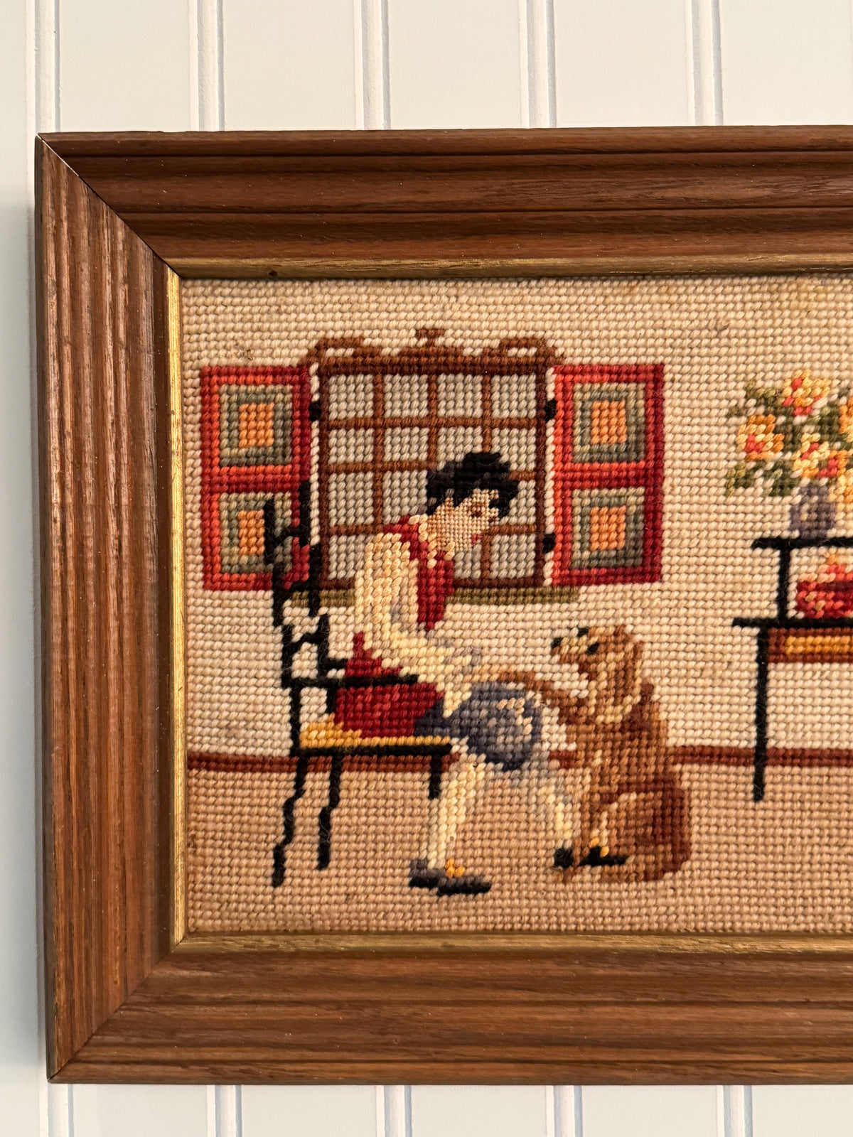 Vintage Framed Hearth Scene Needlepoint | Dog, Fireplace & Grandfather Clock