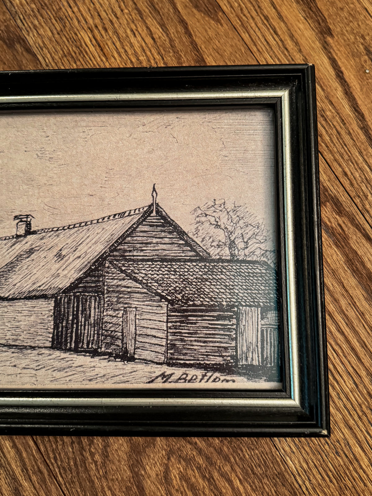Framed Black & White Farmstead Print | Signed M. Betlom | Rustic Countryside Art