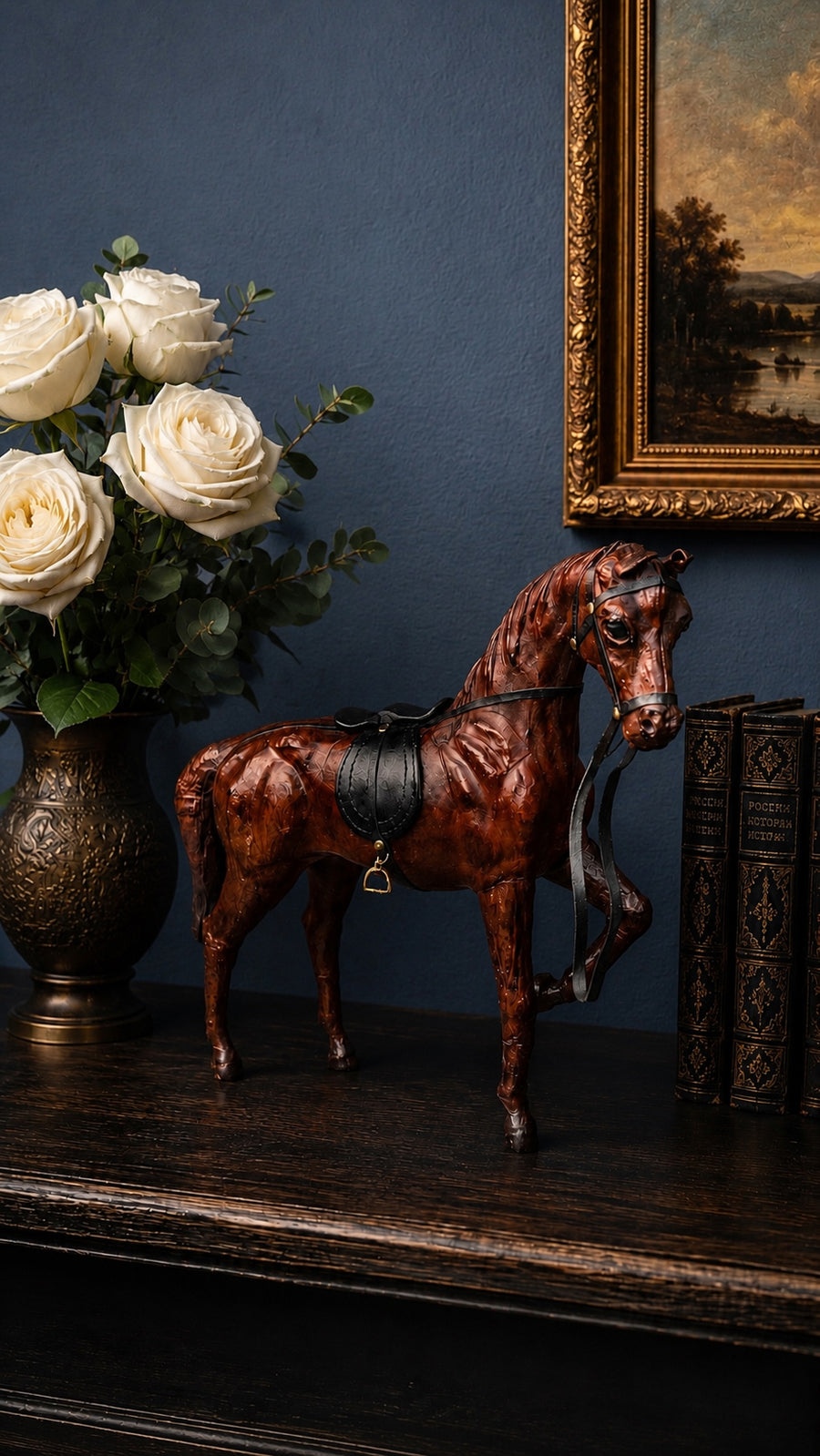 Vintage Leather Wrapped Horse Sculpture with Glass Eyes | Large Equestrian Estate Decor