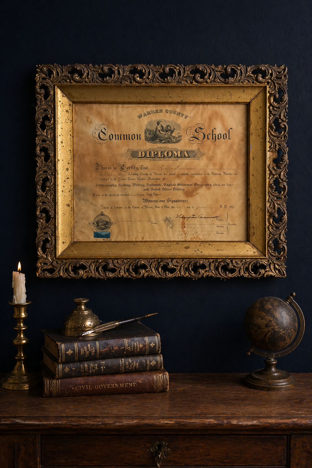 Antique 1890s Warren County Ohio Diploma in Hand-Carved Gold Ornate Frame