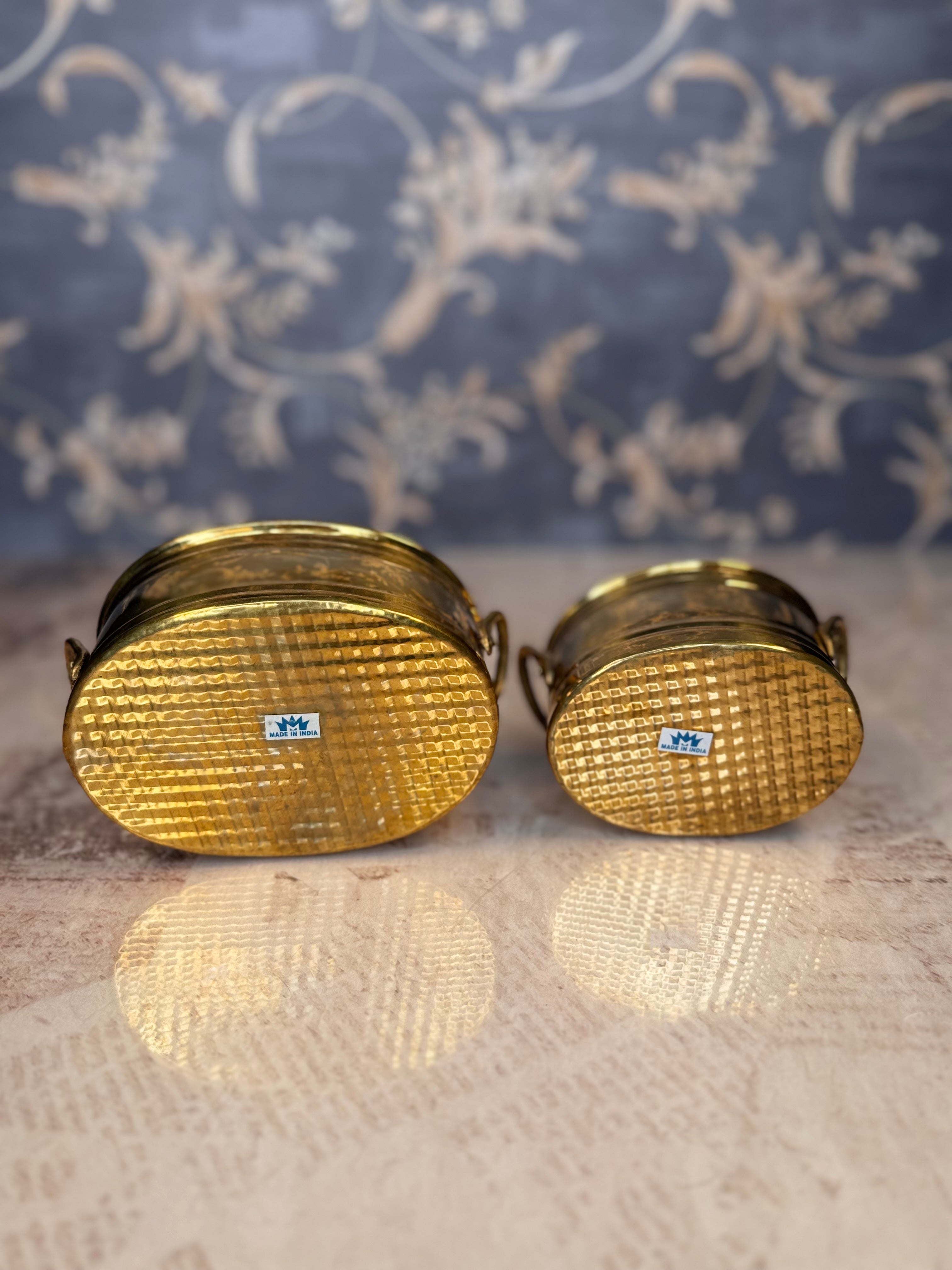 Vintage Brass Jardiniere Planter Pair Nesting Brass Cachepots