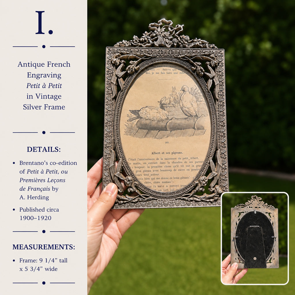 Antique French Engraving “Petit à Petit” in Ornate Silver Frame | Early 1900s Children’s Illustration