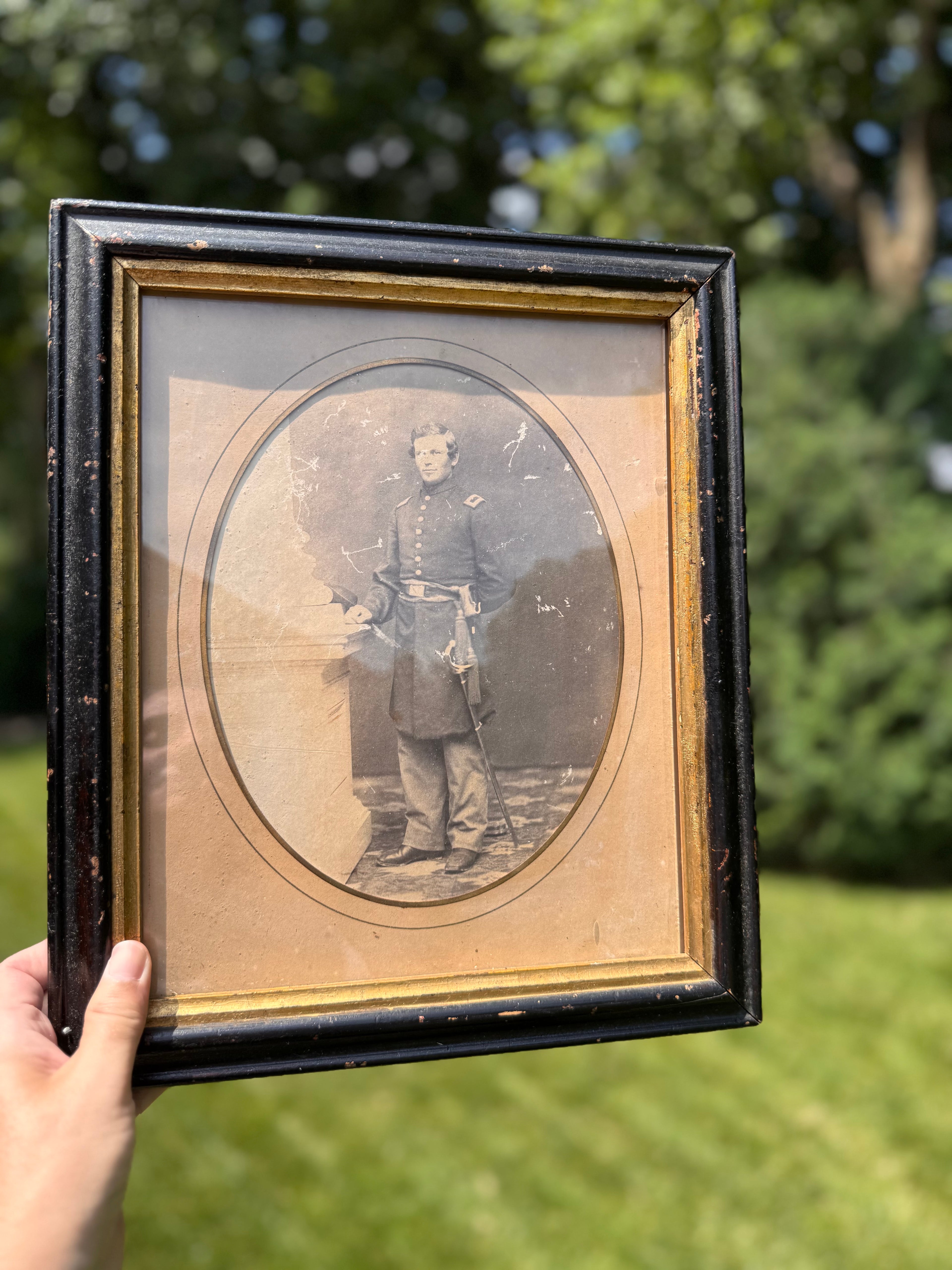Antique Civil War Soldier Portrait in Black & Gilt Wooden Frame