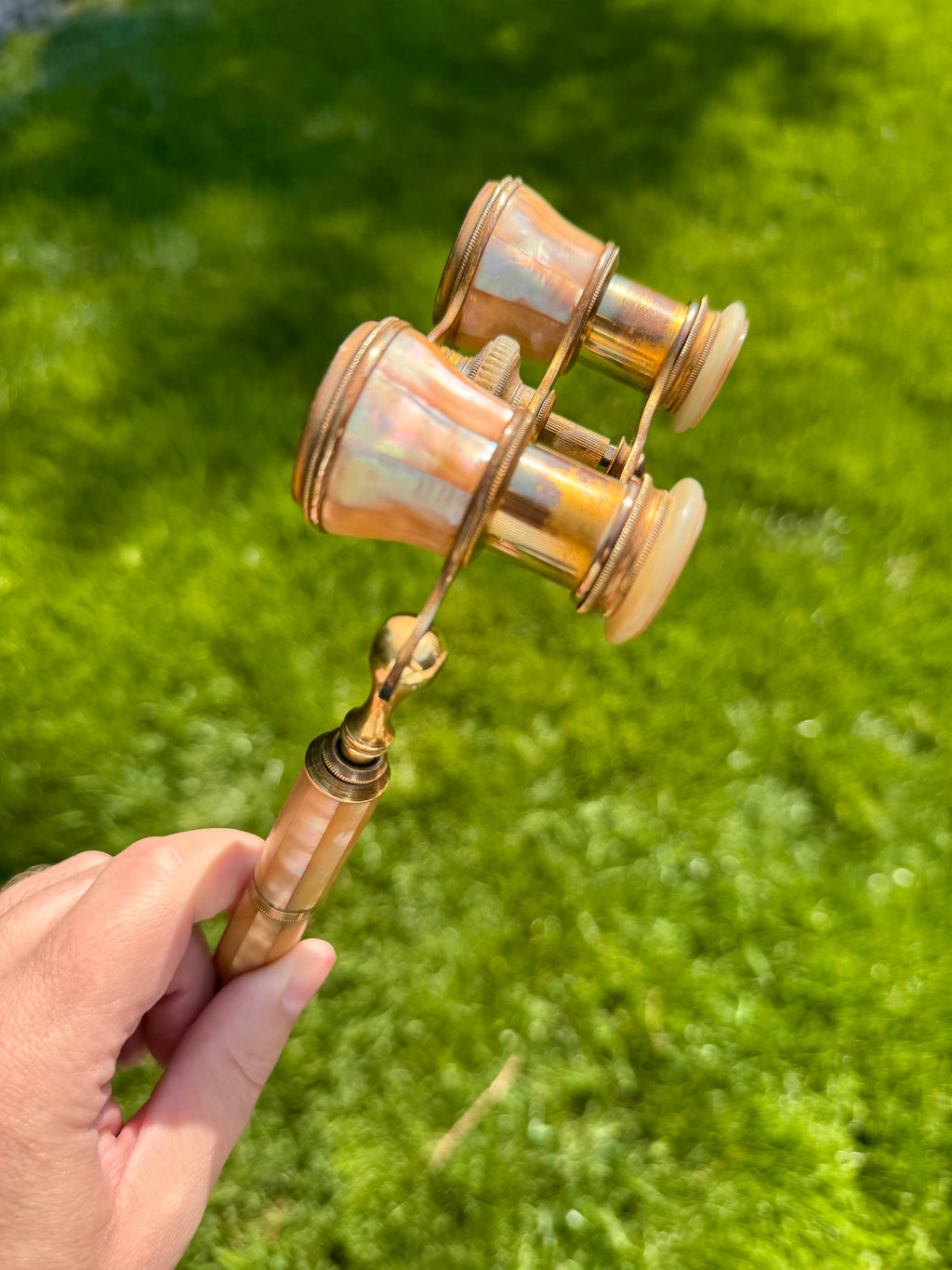 Antique French Mother-of-Pearl Opera Glasses with Folding Handle
