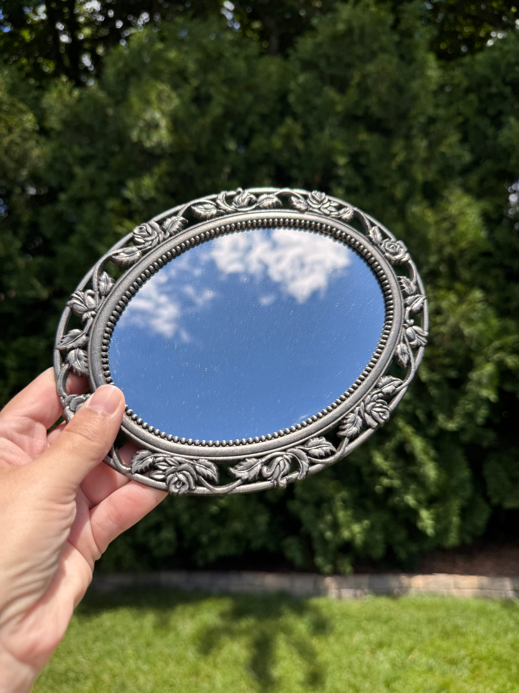 Vintage Oval Silver Vanity Tray | Mid-Century Rose Border Mirror Tray